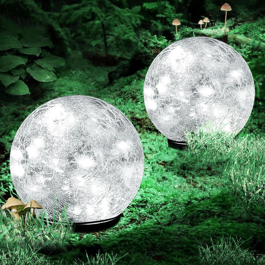 Garden Solar Ball Lights Outdoor Waterproof, 50 LED Cracked Glass Globe Power Ground for Path Yard Patio Lawn, Outdoor Decoration Landscape White (2 Pack 4.7'')