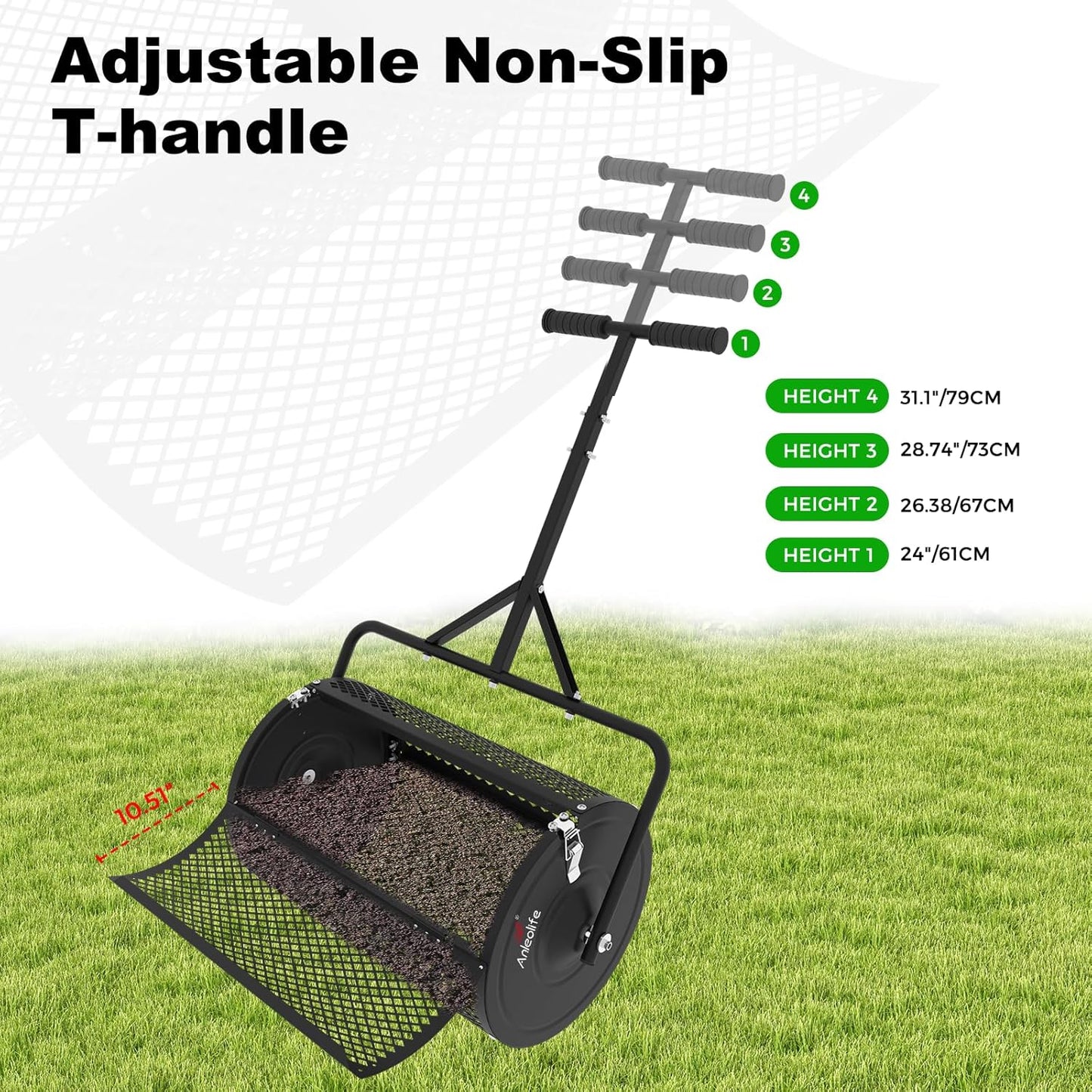 24 Inch Compost Spreader, Lawn and Garden Peat Moss Roller with Side Latches, 24-31.1" Height Adjustable Handle, Metal Mesh Basket for Spreading Topsoil, Manure, Mulch, Black