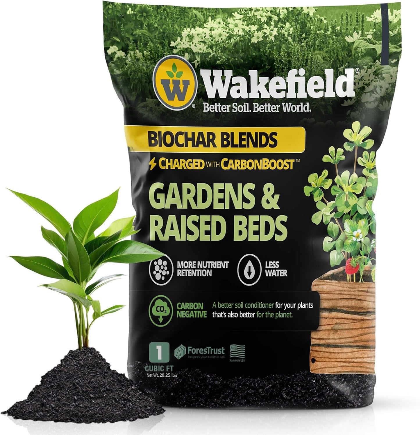 Wakefield Biochar Blend with CarbonBoost™ Technology – Enhanced Water & Nutrient Retention for Raised Bed Garden Soil - Ultimate Organic Potting Soil Mix for Vegetables, Gardens and Houseplants - 1CF
