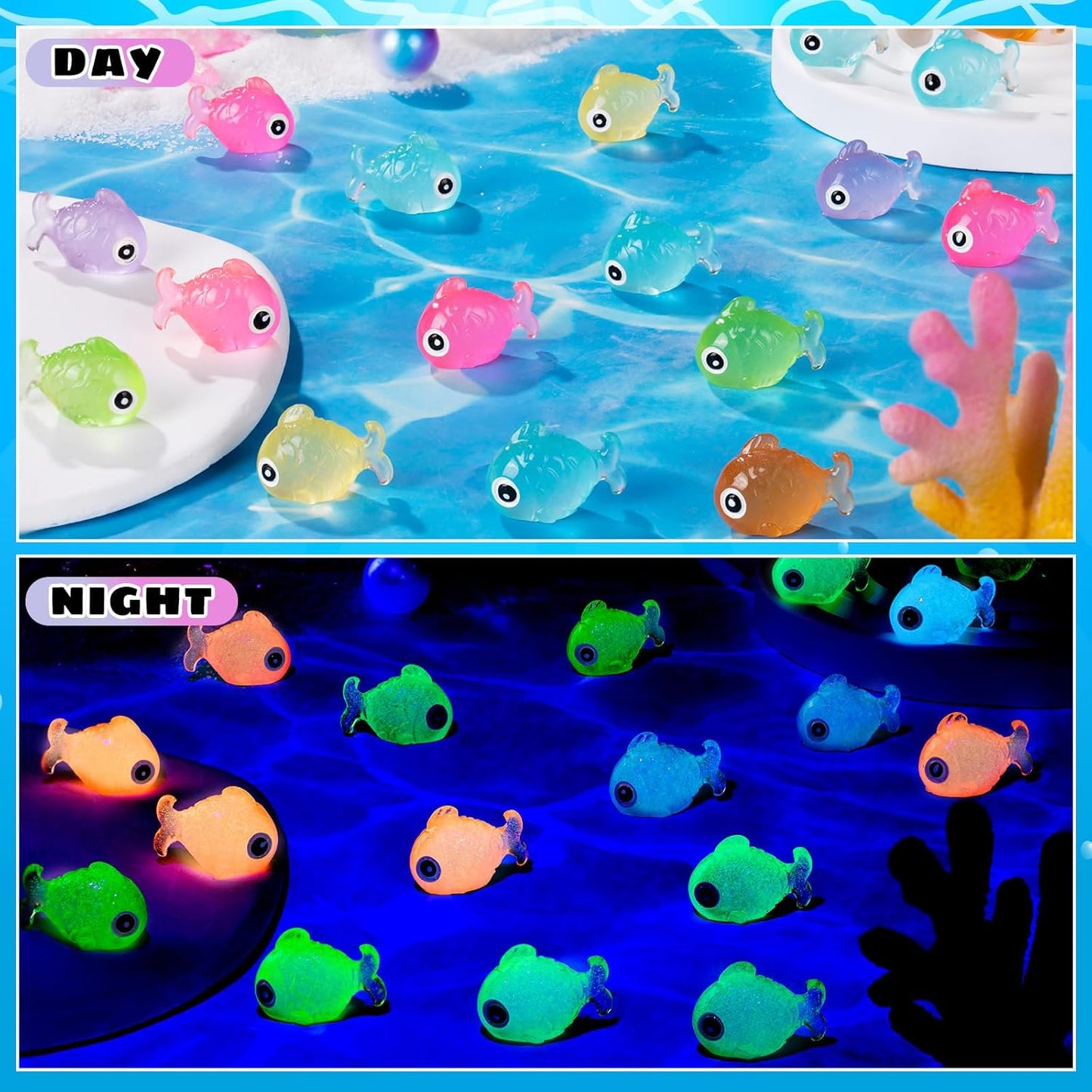 96Pcs Luminous Mini Resin Fish, Miniature Glow in Dark Fish Figurines for Garden, Aquarium, Dollhouse Decor & Crafts