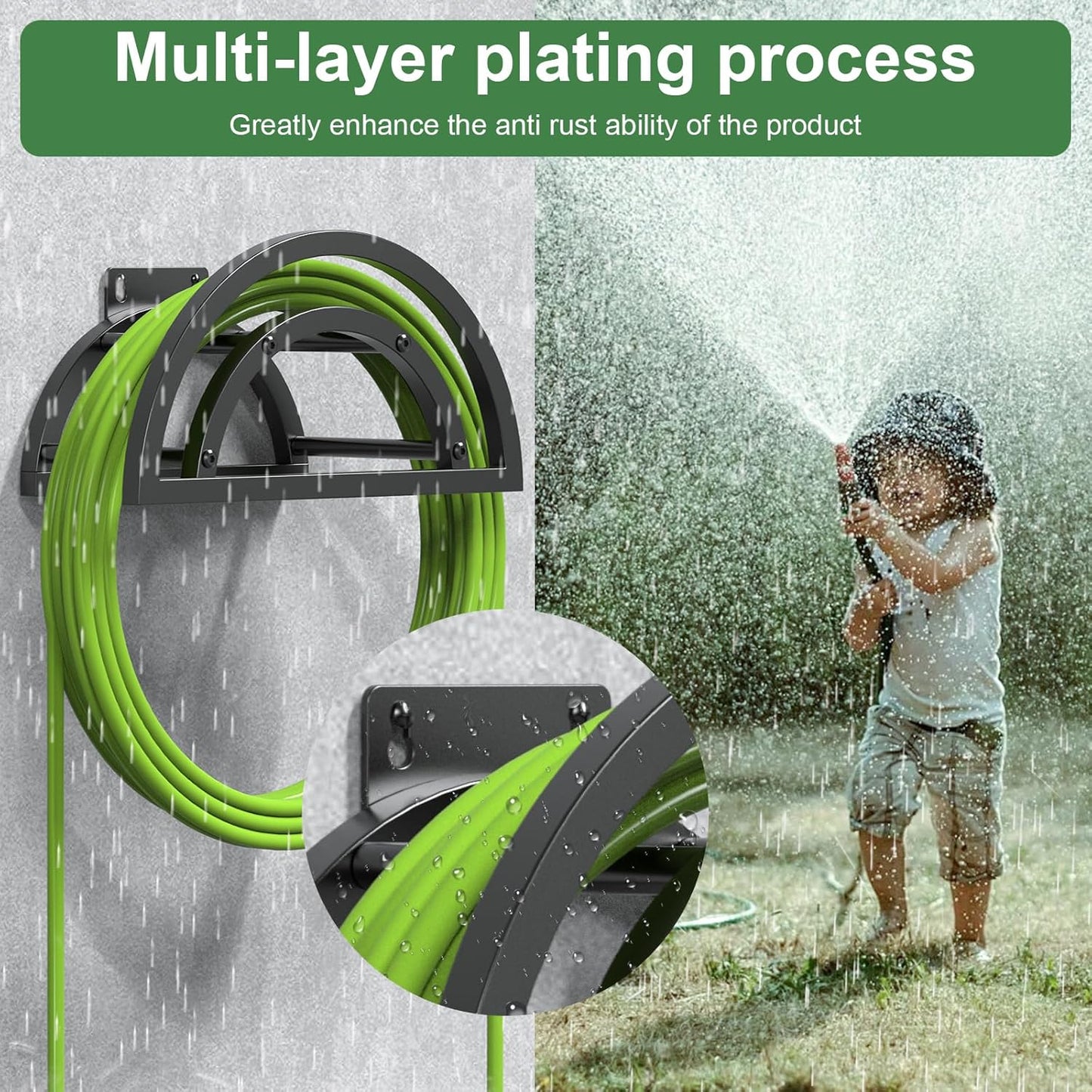 2 Pack Garden Hose Holder, Outdoor Hose Holder Wall Mounted Holds 125-ft Hose, Heavy Duty Metal Hose Hanger, Sturdy Detachable Hose Reel Storage Organizer, Hose Rack for Outside Garden Lawn Yard Farm