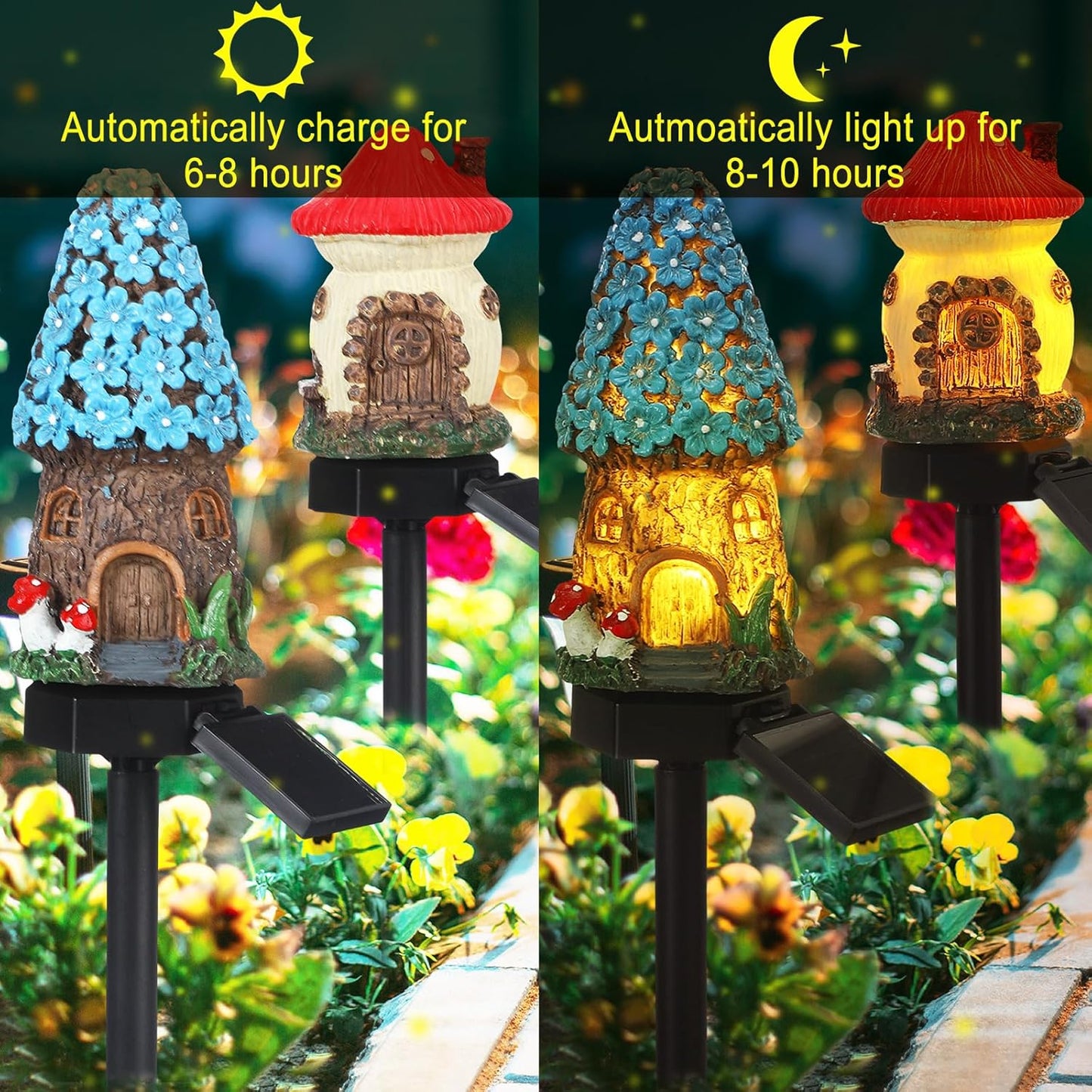 2 Pack Outdoor Garden Mushroom Fairy House Solar Light Home Statue LED Light Fairy Lights for Outside Garden Lawn Walkway Patio Yard Backyard Plant Decoration