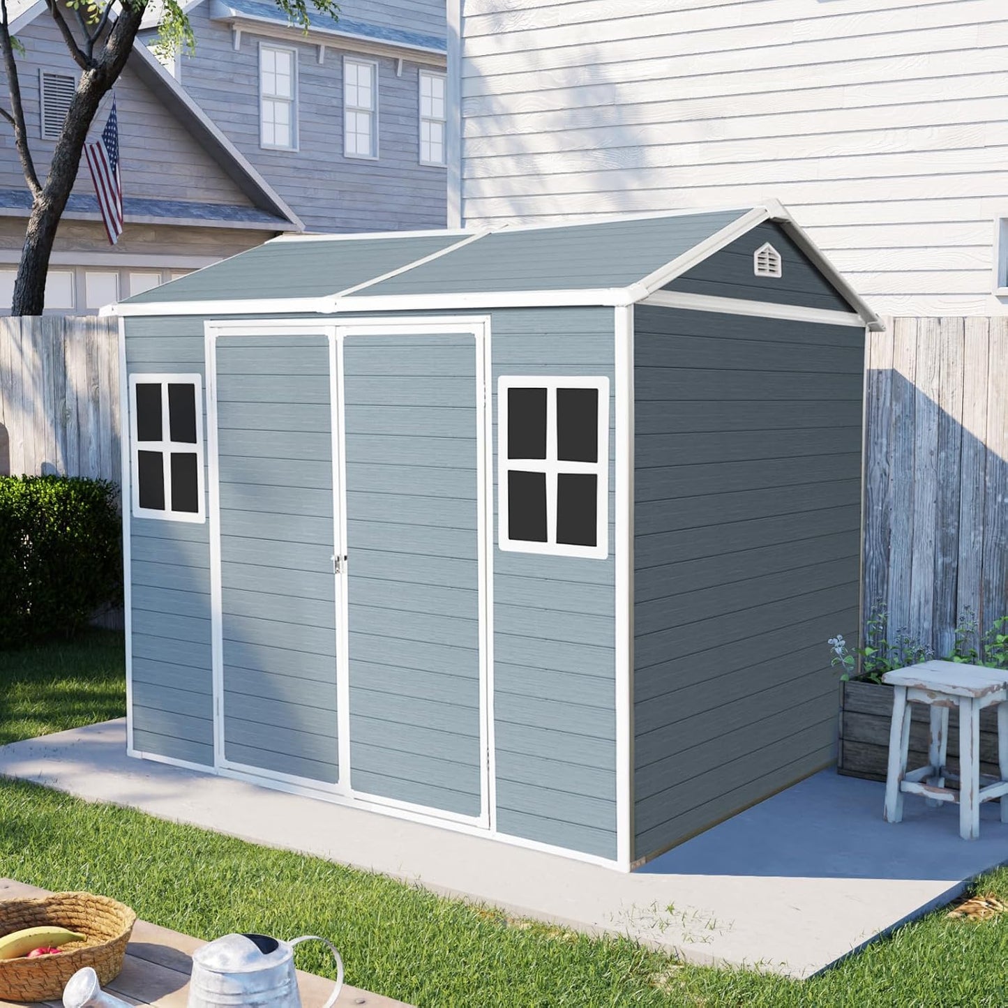 8x6 ft Outdoor Resin Storage Shed with Floor, Waterproof Plastic Garden Shed with Lockable Door and Two Windows, All-Weather Tool Sheds for Backyard, Patio, Lawn (Grey)