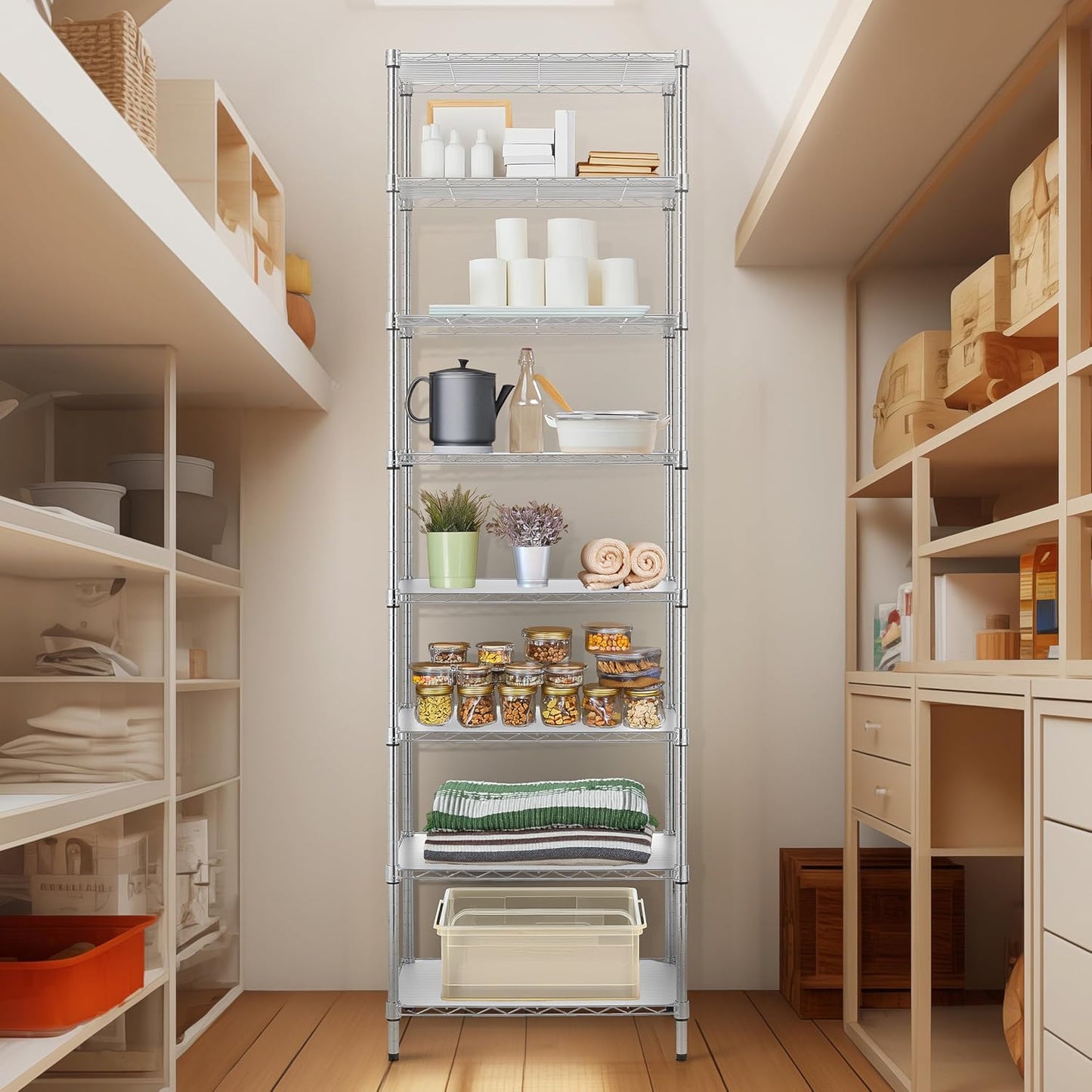 Finnhomy 8-Tier Wire Shelving Unit Adjustable Steel Wire Rack Shelving, 80.7 Inches Height 8 Shelves Metal Storage Rack, Pantry Shelves for Storage with PE mat, NSF Certified, Chrome