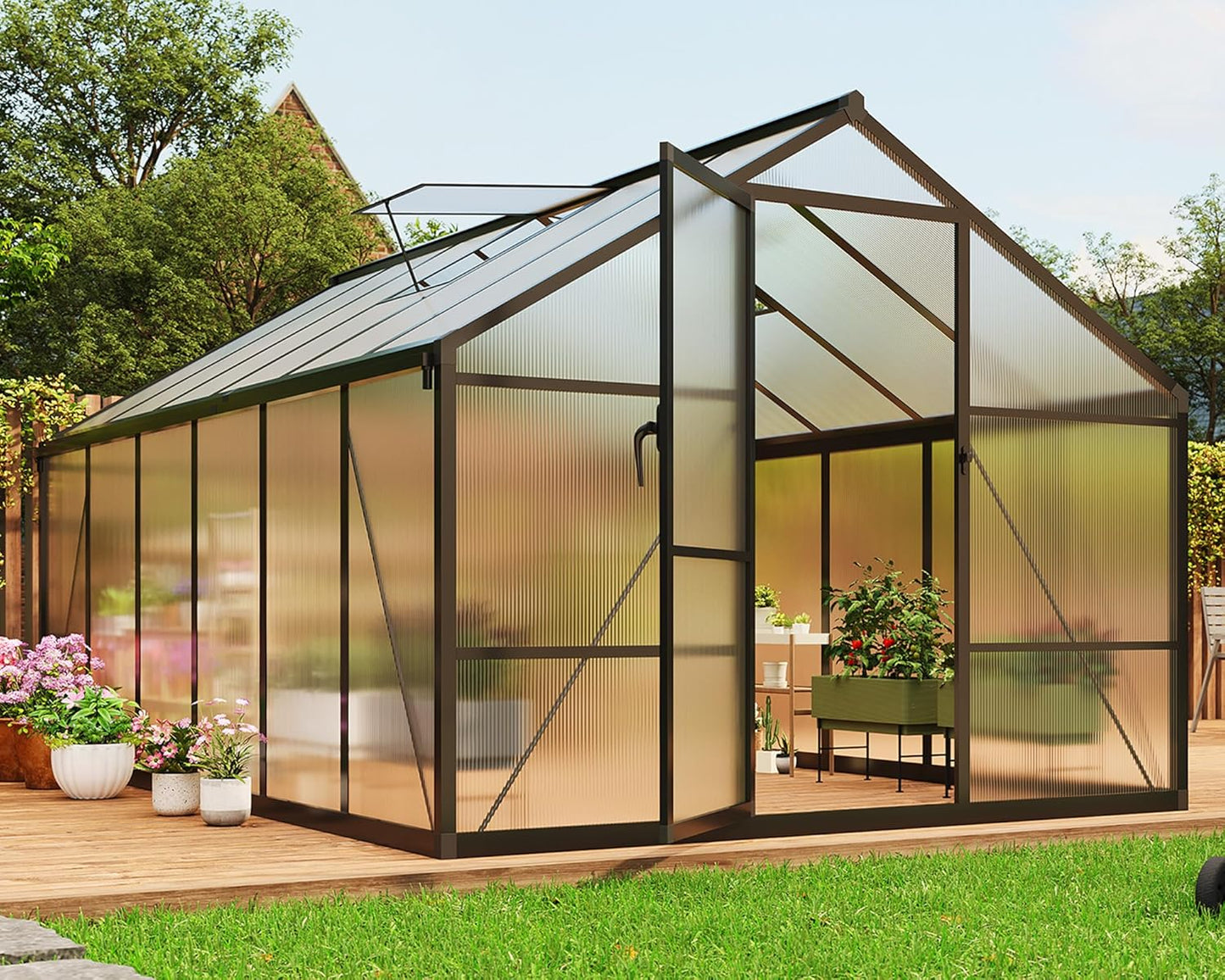 8×12 FT Greenhouse, Large Walk in Greenhouses for Outdoors and Garden Planting, Polycarbonate Greenhouse with Enhanced Aluminum Frame, Green Houses with Quick Setup Structure and Roof Vent, Black