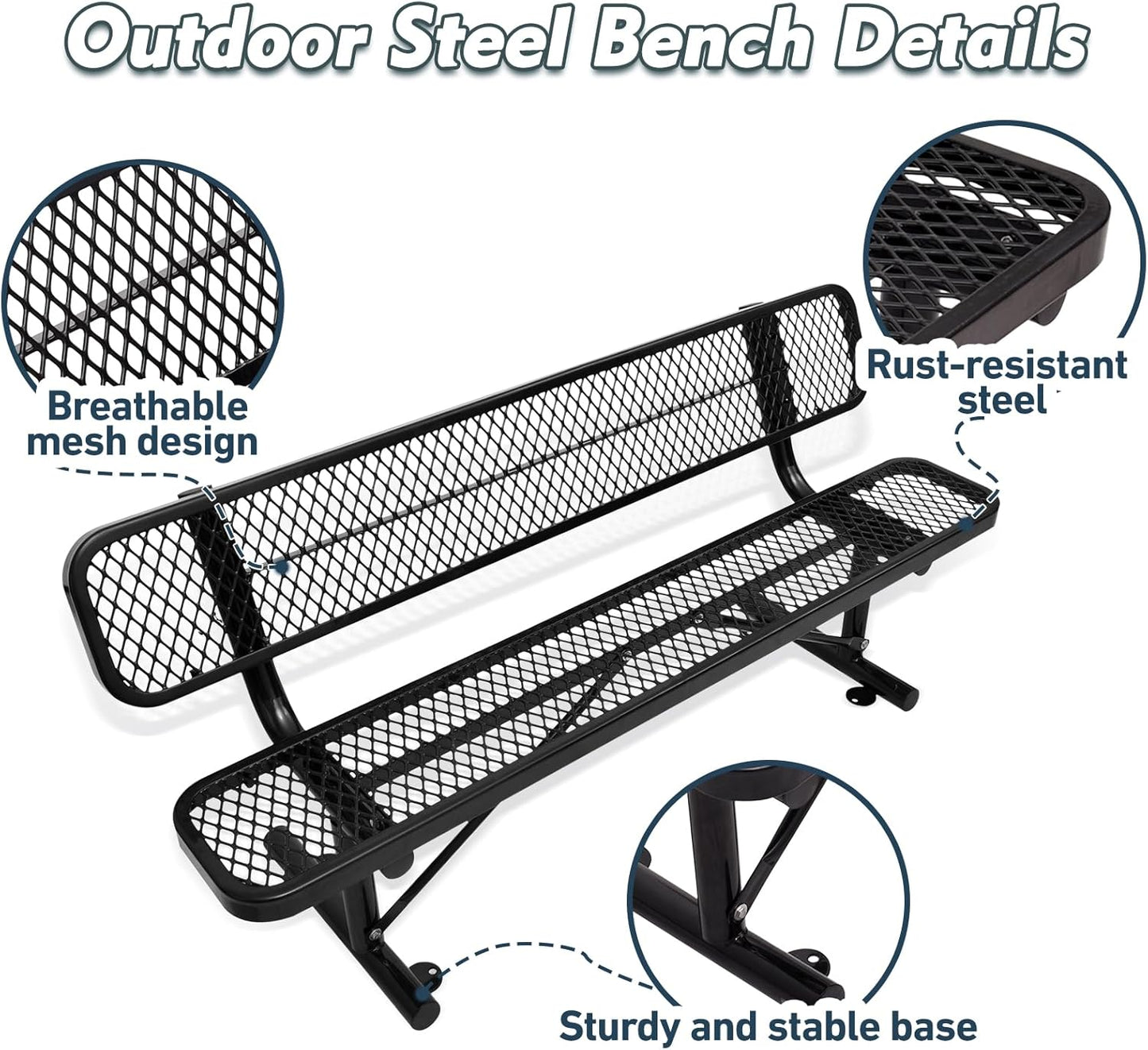 6Ft Heavy Duty Park Bench with Back Portable Frame, Outdoor Steel Bench with Backrest, Expanded Metal Mesh Bench for Lawn, Park, Deck, Garden, Patio, Porch, Black