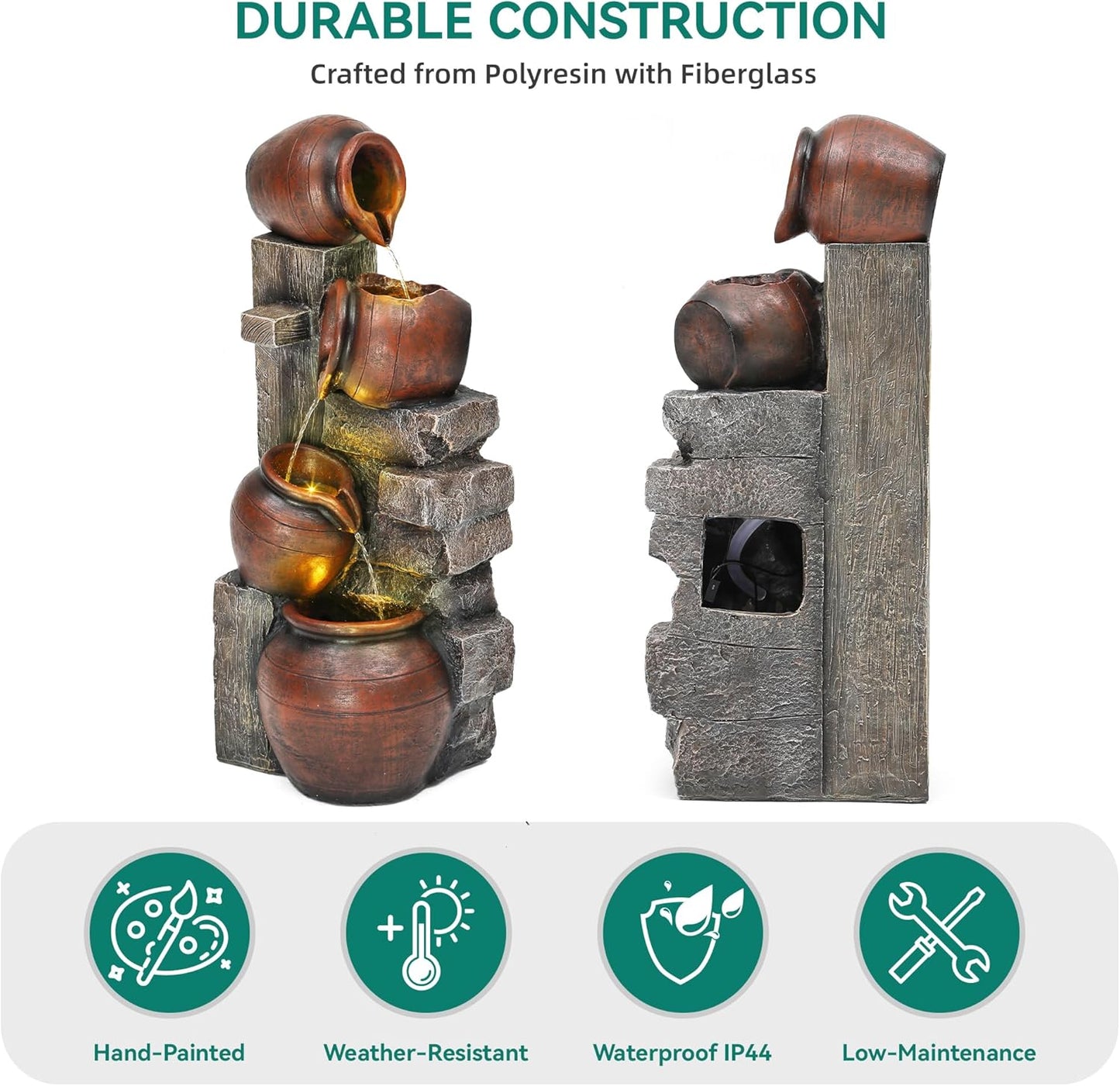 31.5" H Outdoor Water Fountain with LED Lights and Pump, Cascading Pitchers Farmhouse Garden Fountain Waterfall for Patio, Porch, or Yard