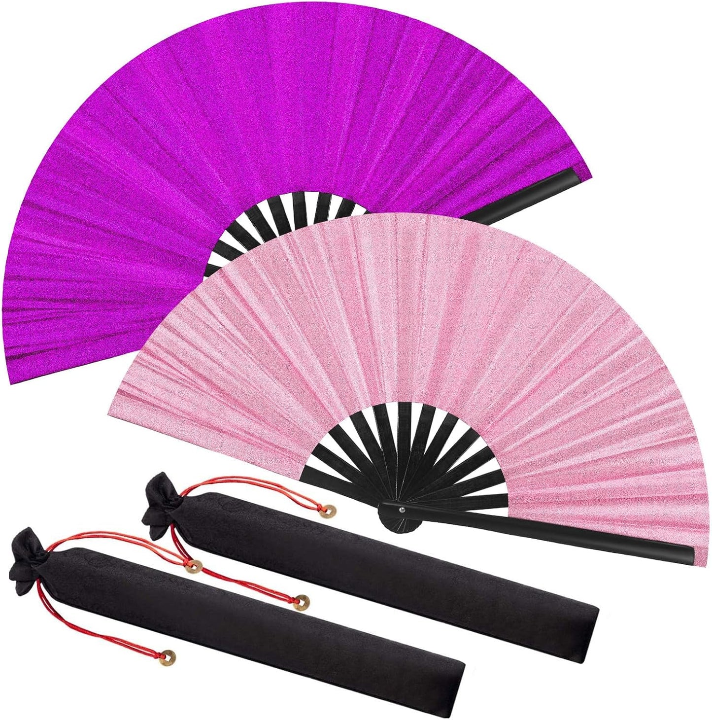 Maitys Large Clap Fans for Line Dancing Large Chinese Folding Hand Fans for Men and Women, Festival, Tai Ji, Kungfu, Martial Art, Gifts(Glitter Purple and Pink,2 Packs)