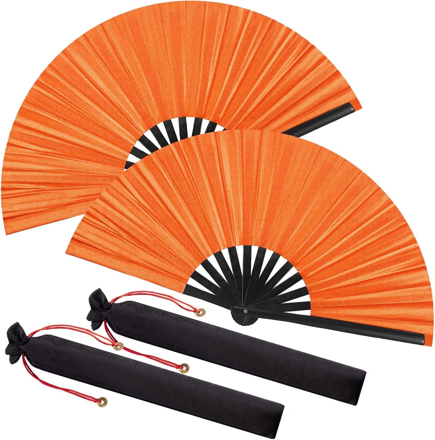 Maitys 2 Packs Large Clap Fans for Line Dancing Large Chinese Folding Hand Fans for Men and Women, Festival, Tai Ji, Kungfu, Martial Art, Gifts (Glitter Orange)