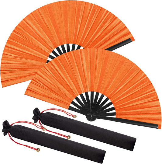 Maitys 2 Packs Large Clap Fans for Line Dancing Large Chinese Folding Hand Fans for Men and Women, Festival, Tai Ji, Kungfu, Martial Art, Gifts (Glitter Orange)