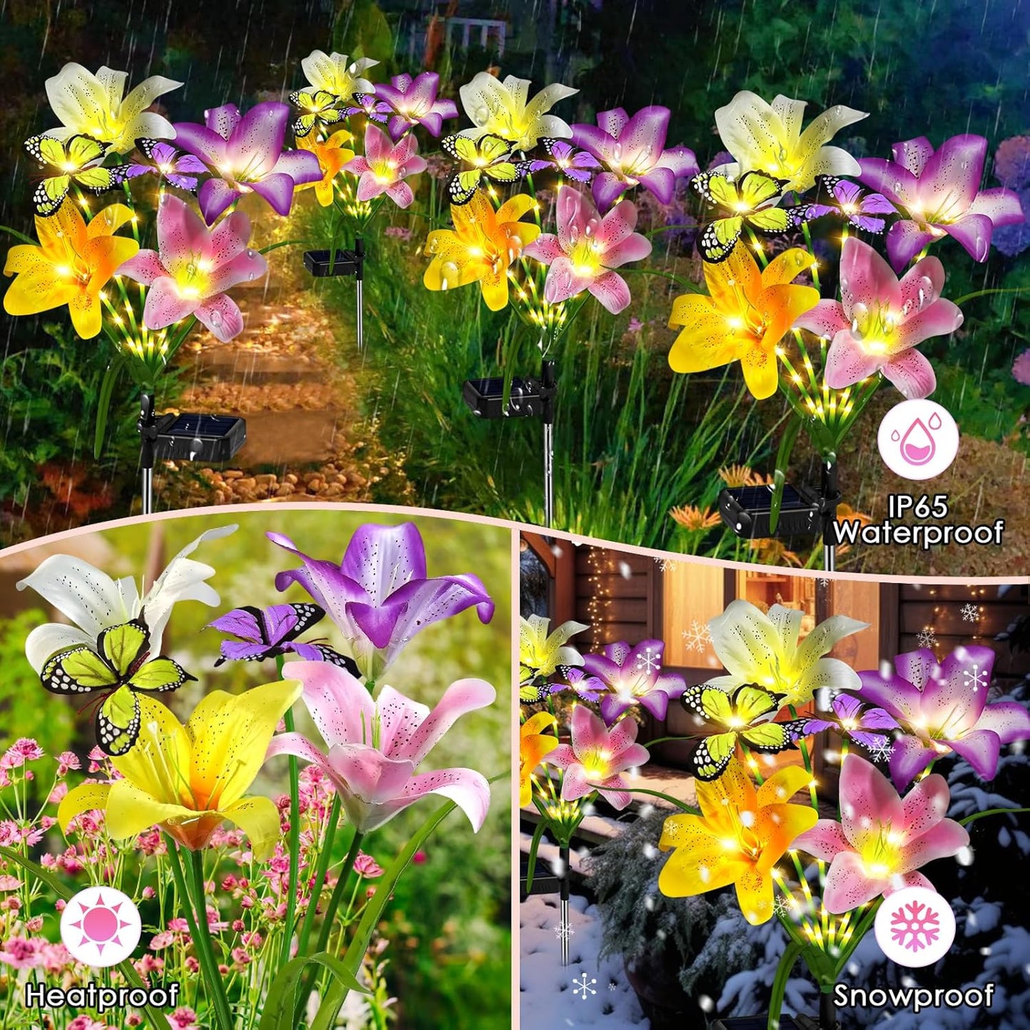 Solar Garden Lights Outdoor, 4 Pack Flower Lights for Outside, 16 Solar Lilies with Butterflies, Waterproof Garden Decor for Yard, Patio, Gifts for Women Mom (4 pcs Lilies)