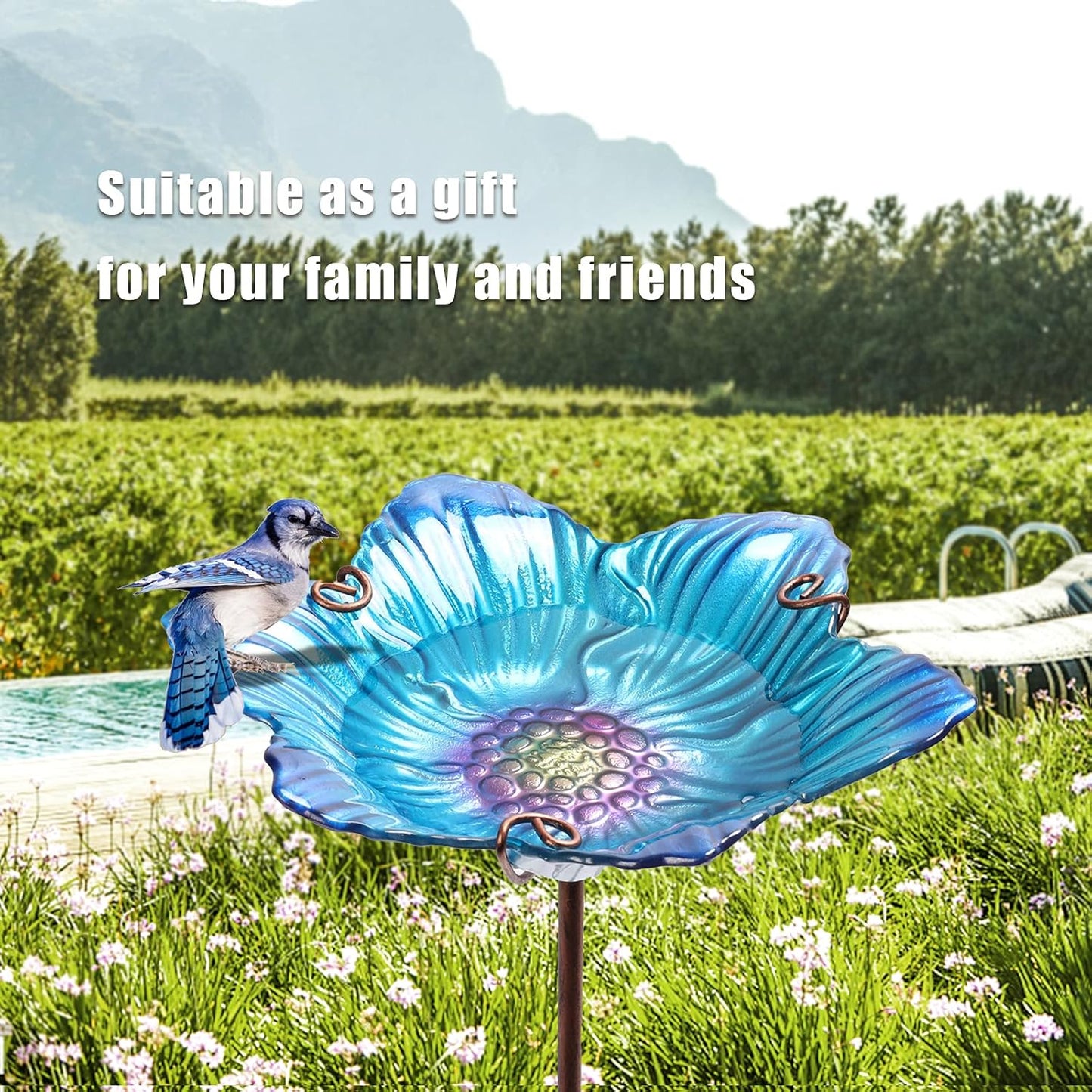 Outdoor Bird Bath Glass Birdbath Garden Birdfeeder with Metal Stake Blue(Height:26inch)