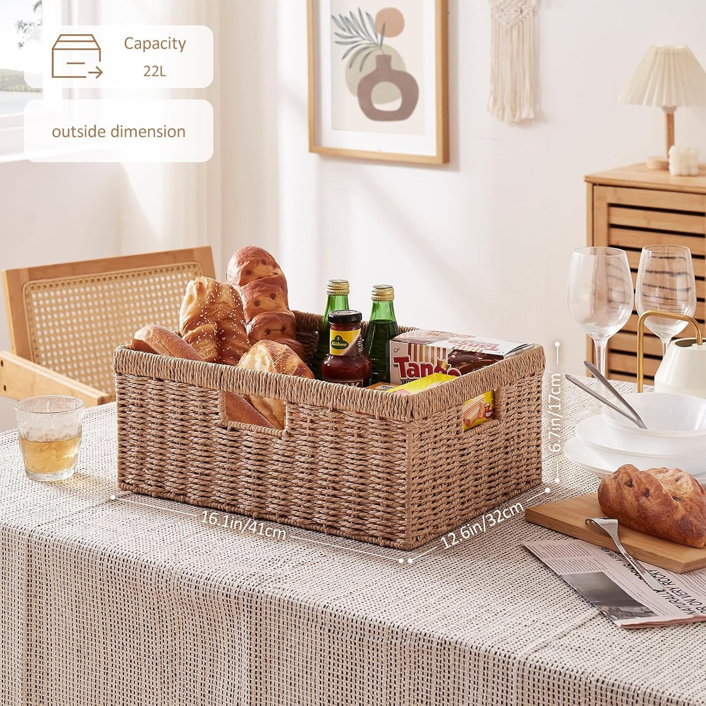 OIAHOMY Wicker Basket, Paper Shelf Basket with Built-in Handles, Rectangular Wicker Storage Bin for Pantry, Shelves, 1 Pack-Yellow