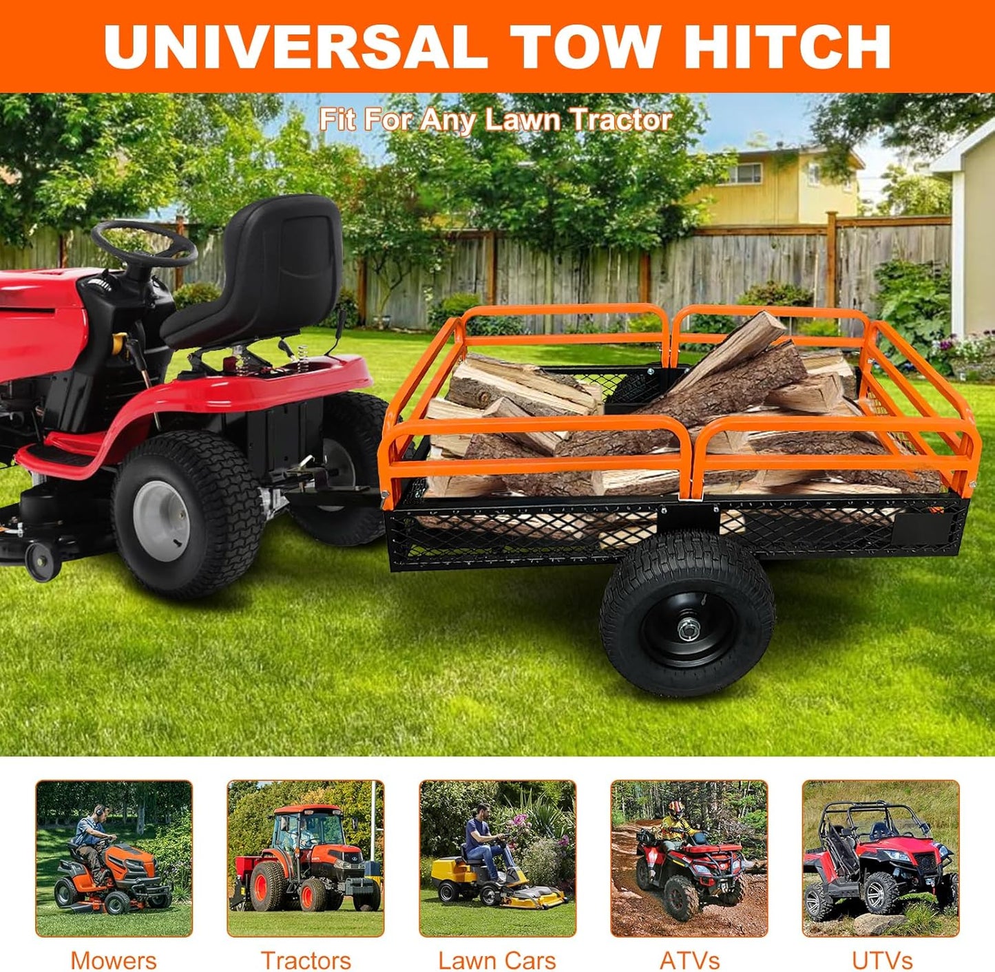 Heavy Duty Steel Garden Cart, 1500Lbs Yard Garden Pull Behind Dump Trailer with Removable Sides for Atvs Utvs Lawn Garden Tractors, Orange