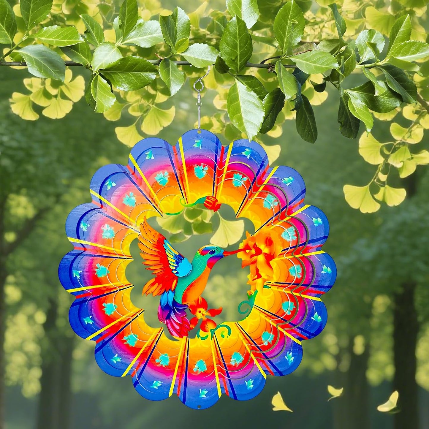 Wind Spinners Outdoor Hummingbird Art12 inch 3D Stainless Steel Laser Cut Metal Art Geometric Pattern Wind Sculpture Hanging for Yard Garden Decorations Gifts Outdoor