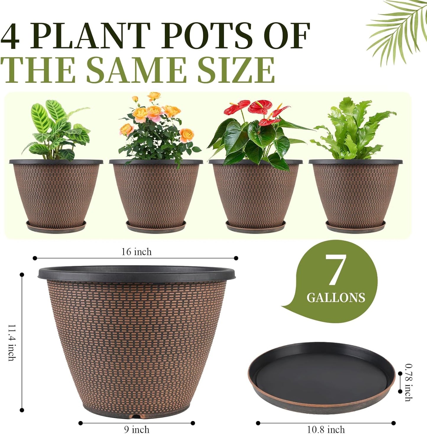 16 inch Plant Pots, Large Planters for Outdoor Plants Set of 4, Round Plastic Flower Pots with Drainage Holes & Trays, Modern Decorative Indoor Garden Pot, Plant Container for House (Black Copper)