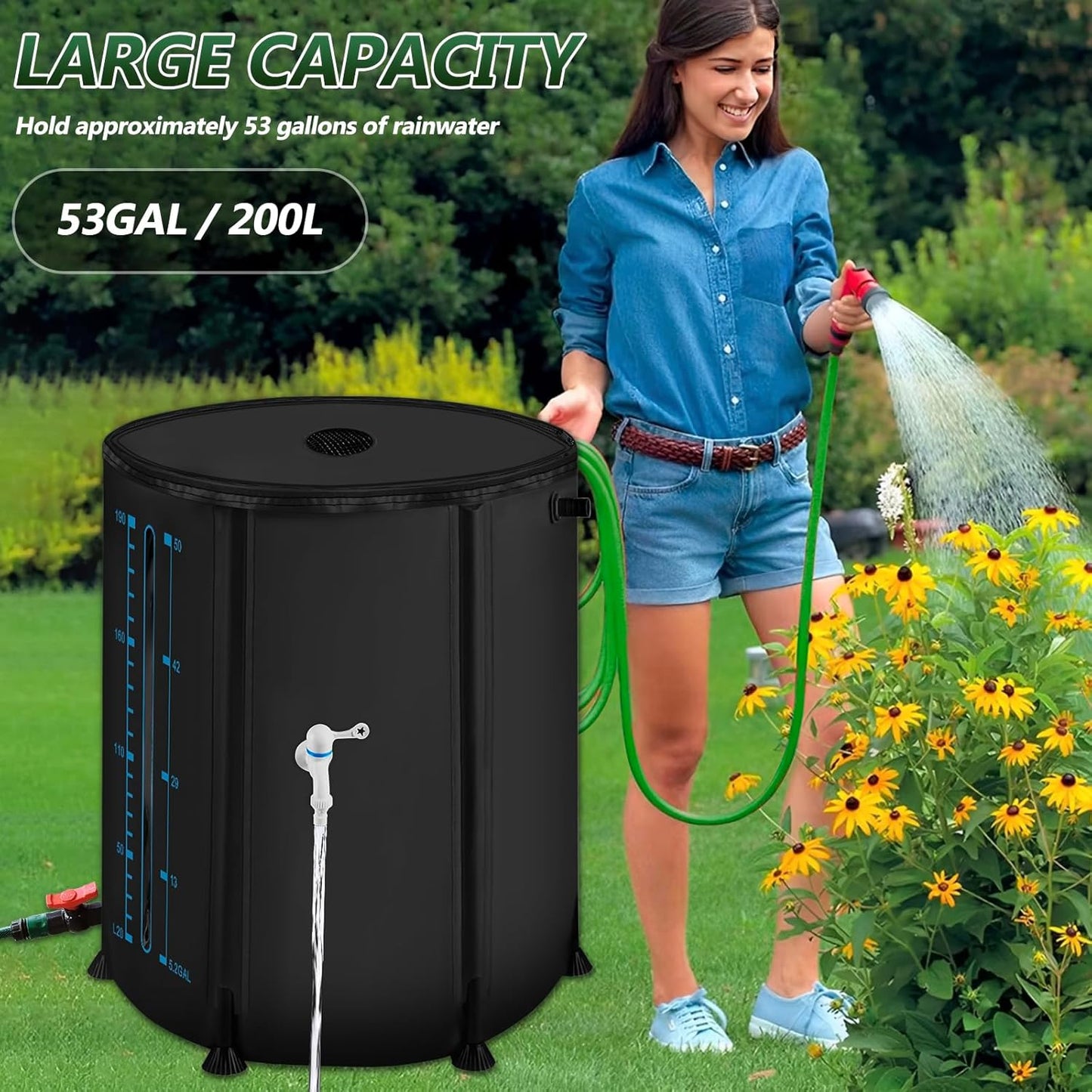 Collapsible Rain Barrel, 53 Gallon/200 L Portable Rain Water Collection Barrel, PVC Rainwater Collection System with Spigotst, Water Barrel with Bucket for Garden Water Catcher (Black, 53 Gallon)