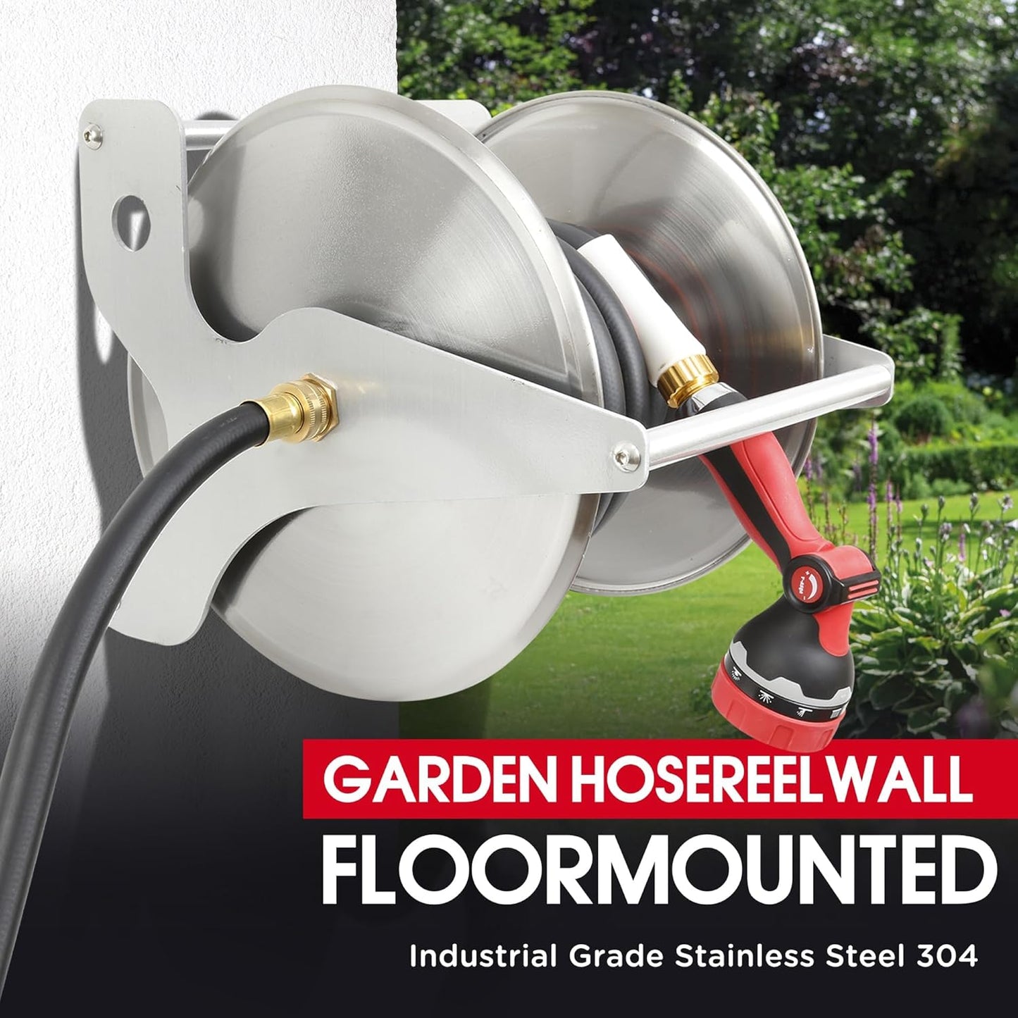 Stainless Steel Garden Hose Reel, Wall Mount or Floor Mounted with 3/4 Inch Brass Fittings Lead hose, 135 Ft Capacity with Crank Handle & portable hose reels for outside