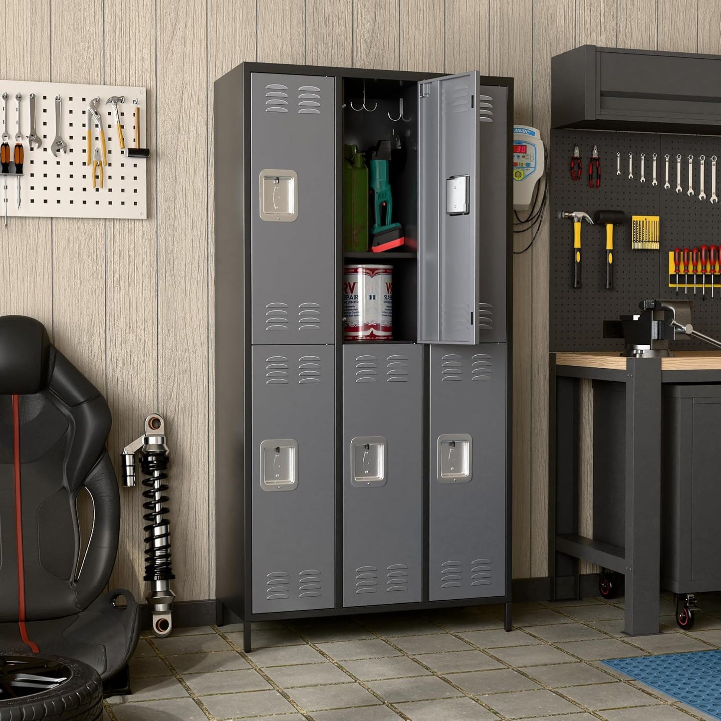 6 Doors Metal Lockers for Employees with 18 Hooks for Offices School Gyms Home,Assembly Required,Black and Dark Gray