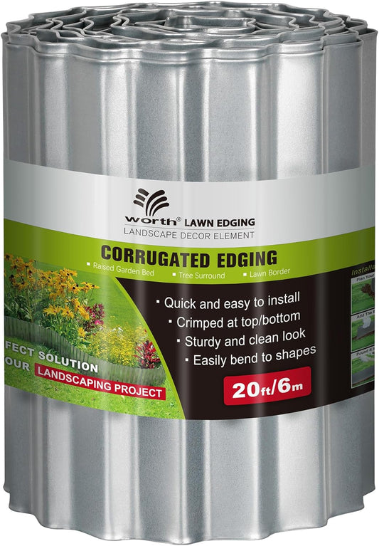Worth Wide-Corrugated Galvanized Steel Landscape Edging, 10" x 20Ft Flexible Sturdy Metal Lawn Garden Edging Long Strips for Raised Flower Bed Tree Surrounds, Silver