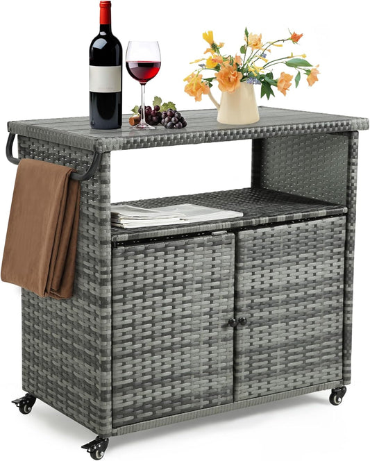 HOMEFUN Outdoor Grill Carts with Storage Cabinet - Outside Bar Cart with Wheels Wicker Patio Kitchen Island Table Weatherproof Prep Stand, Grey