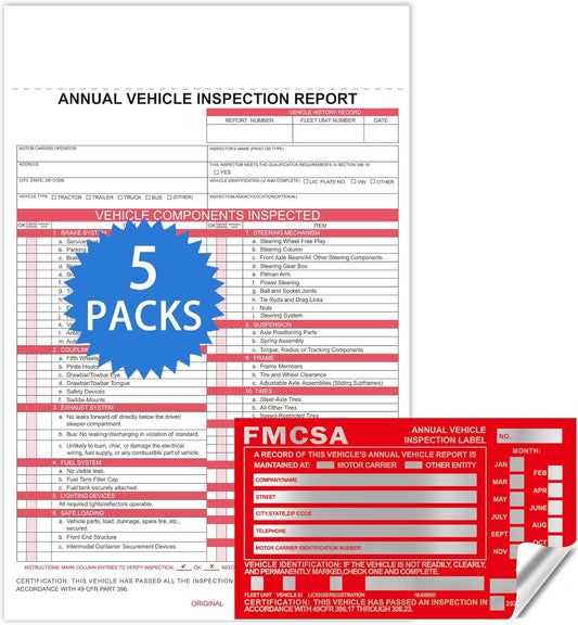 Annual Vehicle Inspection Report Form 5-pk 3-Ply Carbonless,8.5" x 11.75" + Label Aluminum,Permanent Adhesive 6" x 3.5"