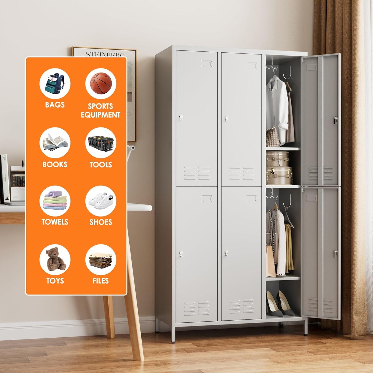 6 Doors Metal Storage Lockers for Employees with 18 Hooks,72" H Employee Lockers with Business Card Holder for Offices School Gyms Home,Assembly Required,Light Gray