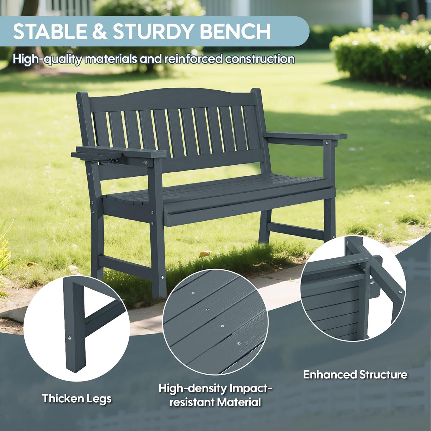 2-Person HIPS Outdoor Bench, Weatherproof Garden Bench with 800 lbs Weight Capacity, Artificial Wood Grains, Never Rot or Fade, Patio Benches for Garden, Porch, Balcony, Backyard,Park, Grey