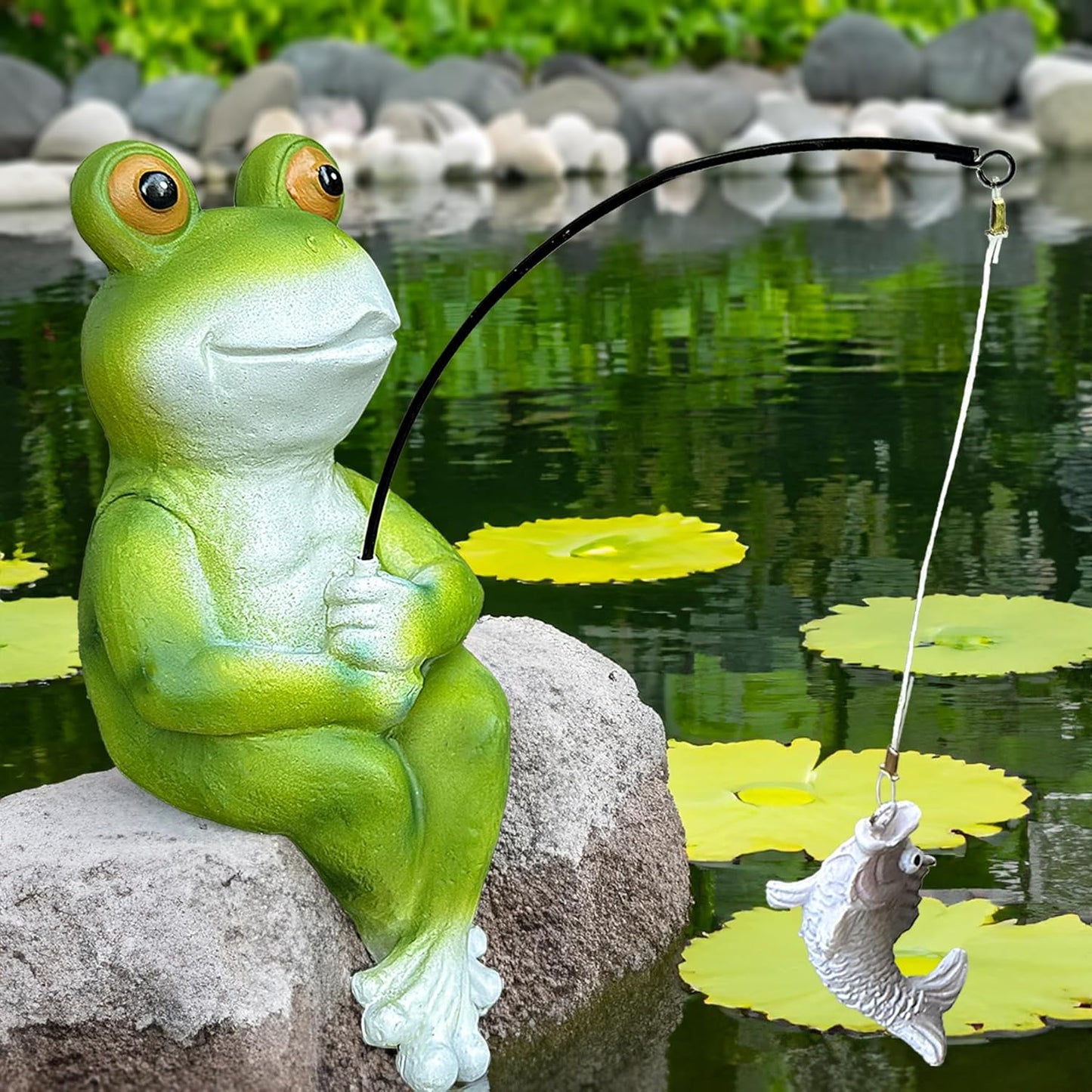 9.5" Fishing Frog Statue, Whimsical Lawn Yard Art, Funny Garden Pond Fisherman Sculpture, Resin Animal Decorative Figurine, Ideal for Frog Lovers