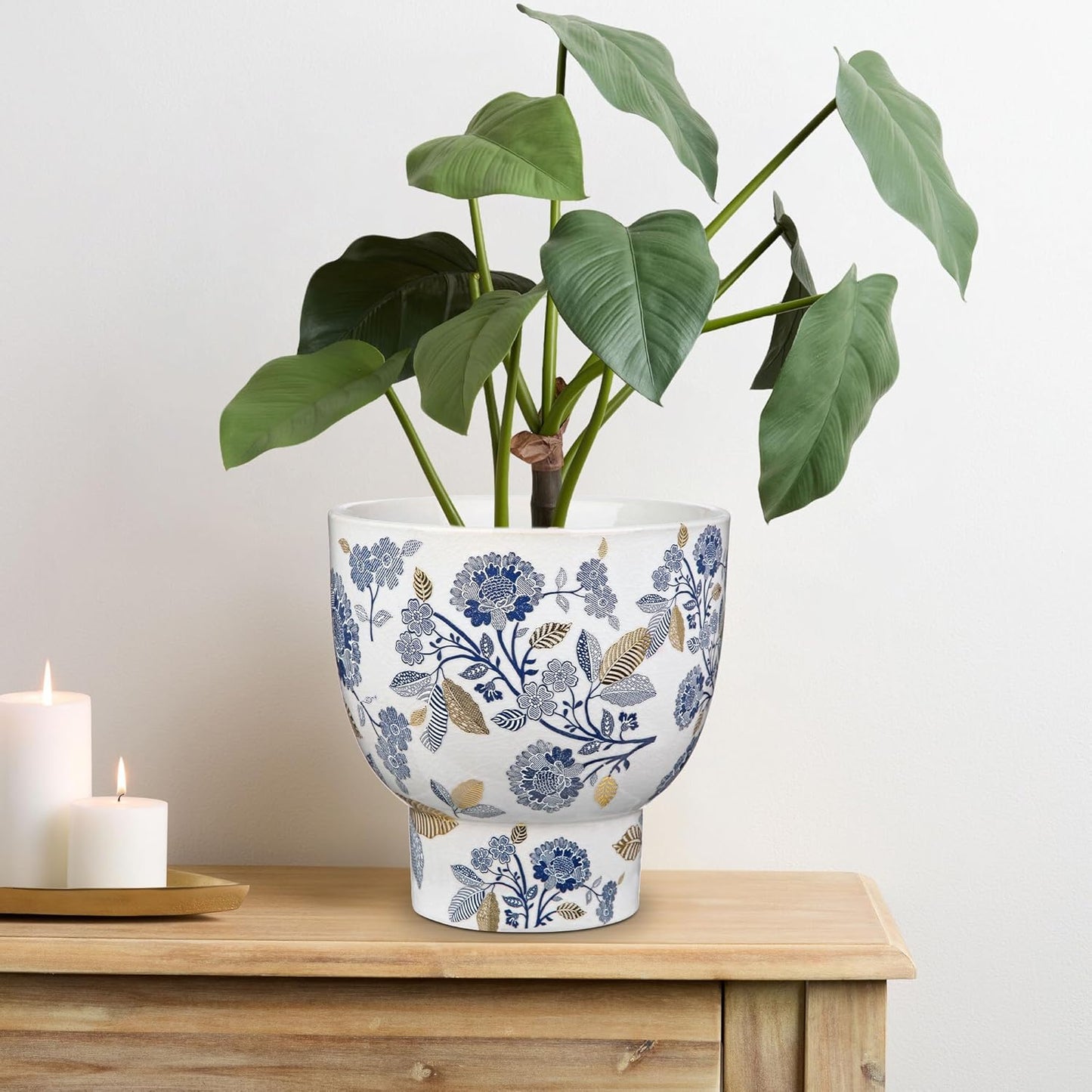 7.6/5.5 Inch Decorative Flower Pots, Blue and White Plant Pot Gold Accent Ceramic Planters for Indoor Plants Pots with Drainage Retro Planter Pot for Succulents Cactus Herb Snake Plants Outdoor Garden