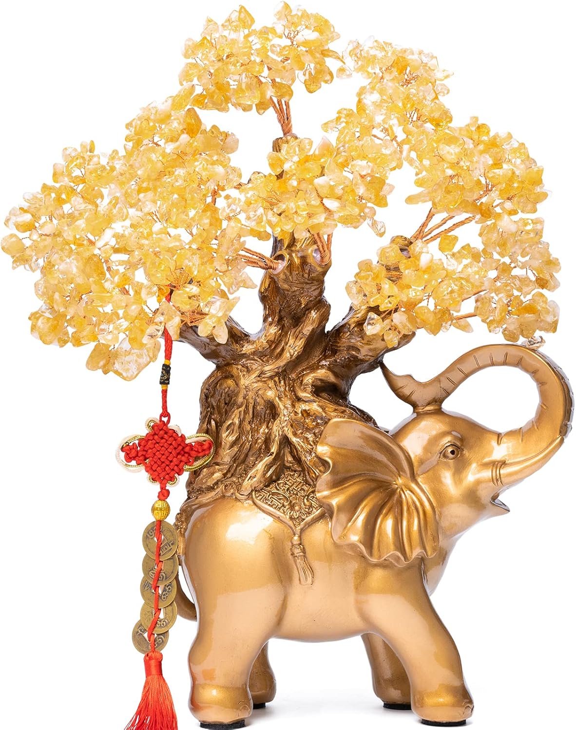 Citrine Crystal Money Tree on Gold Elephant Statue, 17”Large Gemstone Bonsai Tree of Life Home Décor Gifts for Wealth Positive Energy, Feng Shui Décor