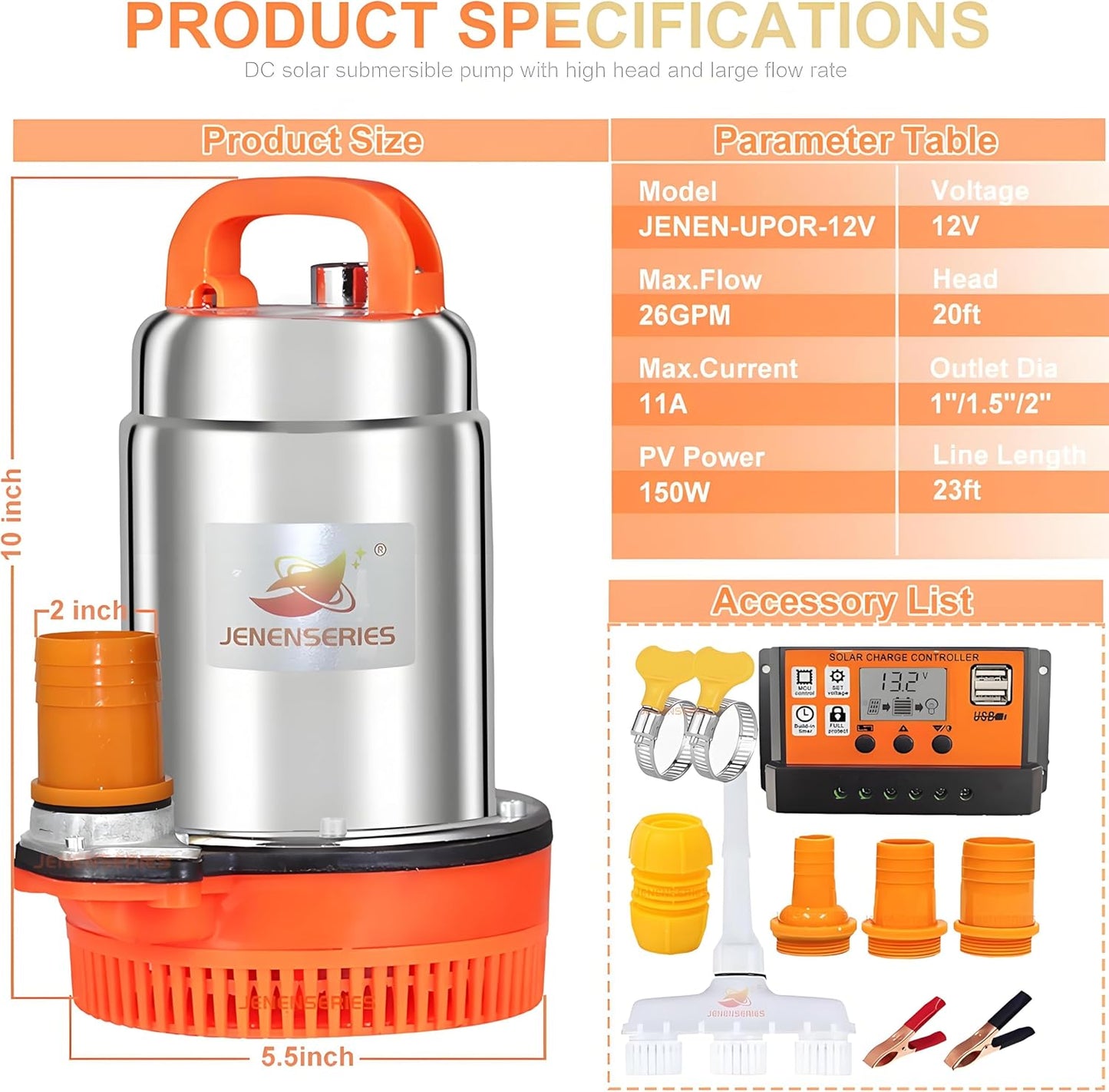 150W 12V DC Solar Submersible Pumps, 2inch solar deep well water pump,Max head 20ft, 26GPM Flow for pond or livestock (update-12V)