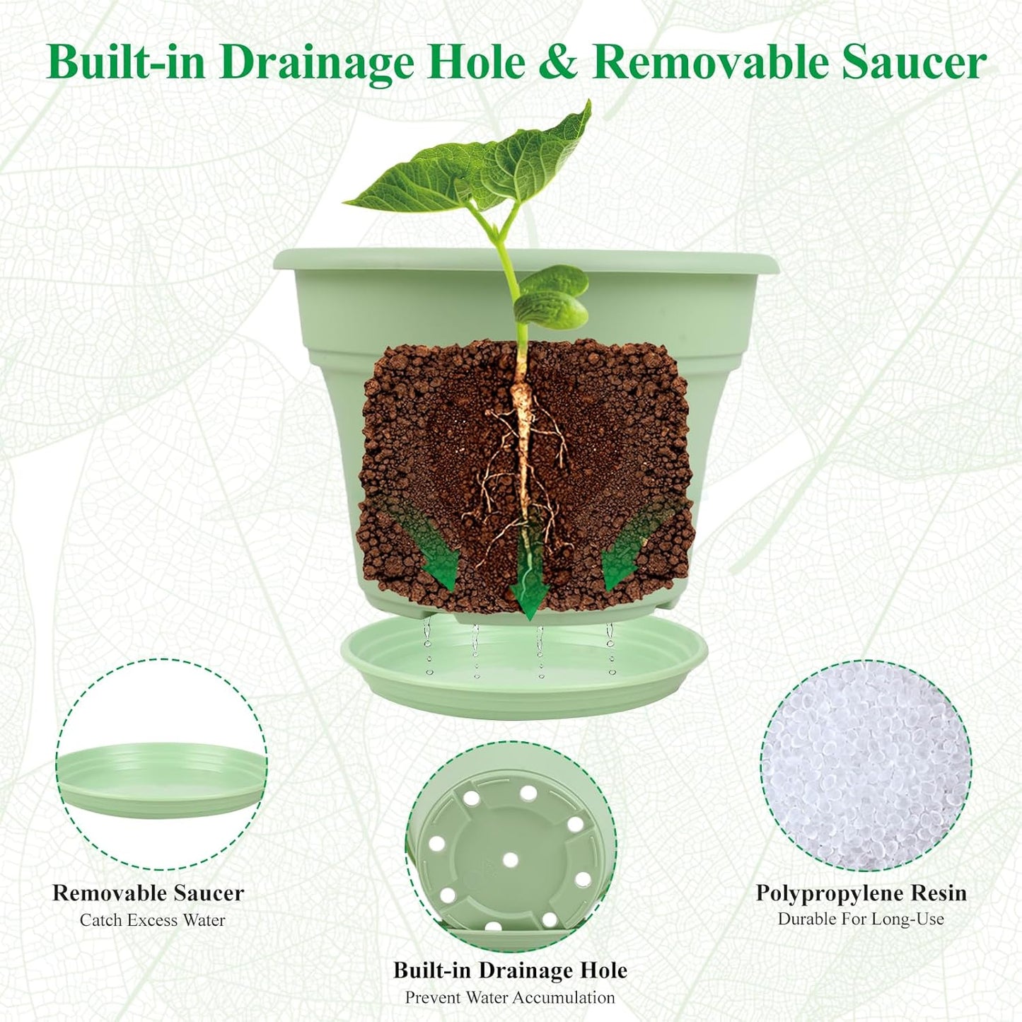 13 Inch Plastic-Flower-Pot-for-Indoor-Plants, 4 Pack Large Outdoor Planter Pot with Drainage Holes & Saucers, Resin Decorative Garden Pots Planters