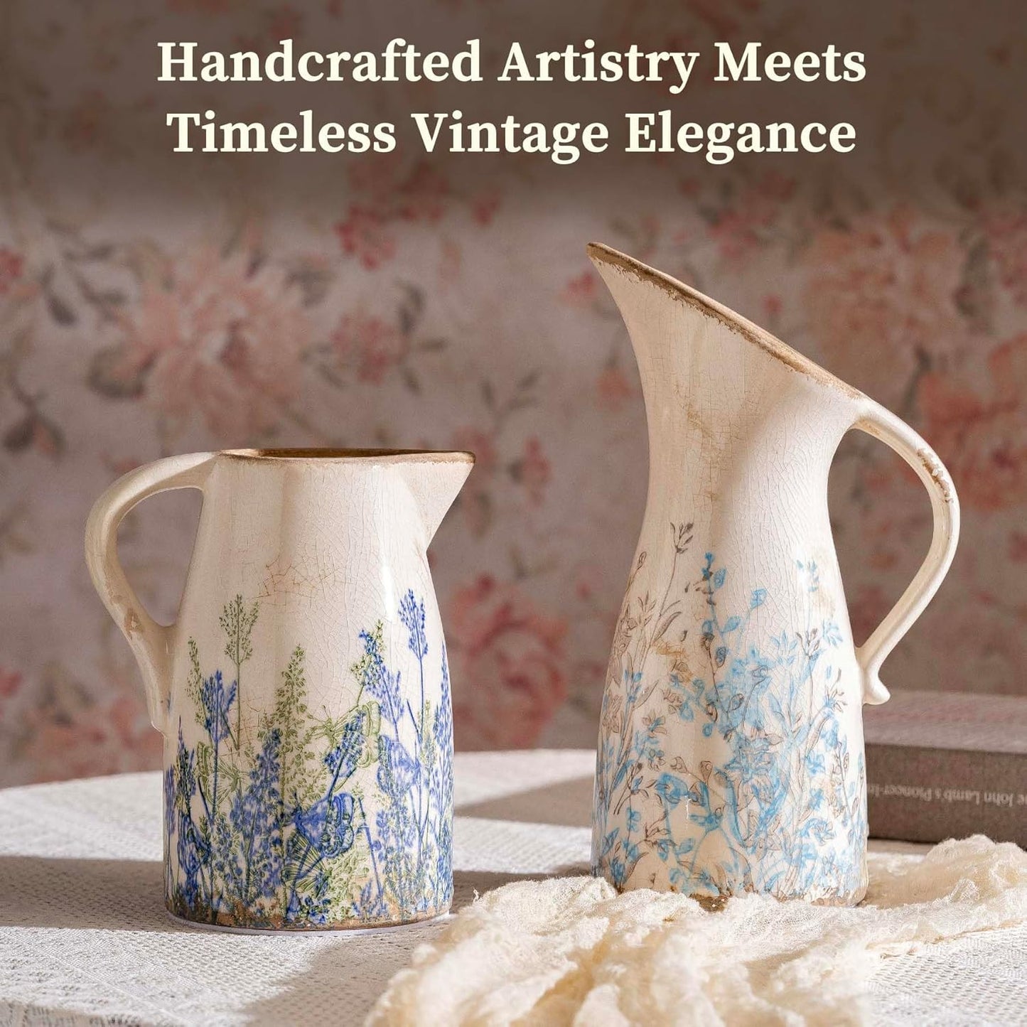 Navy Blue and Green Vintage Ceramic Floral Pitcher Vase, Rusitc Farmhouse Beige Decorative Flower Vase for Home Decor, Living Room, Rustic Table Centerpiece, Grand Millenial & Tuscan Decor 7.3 in