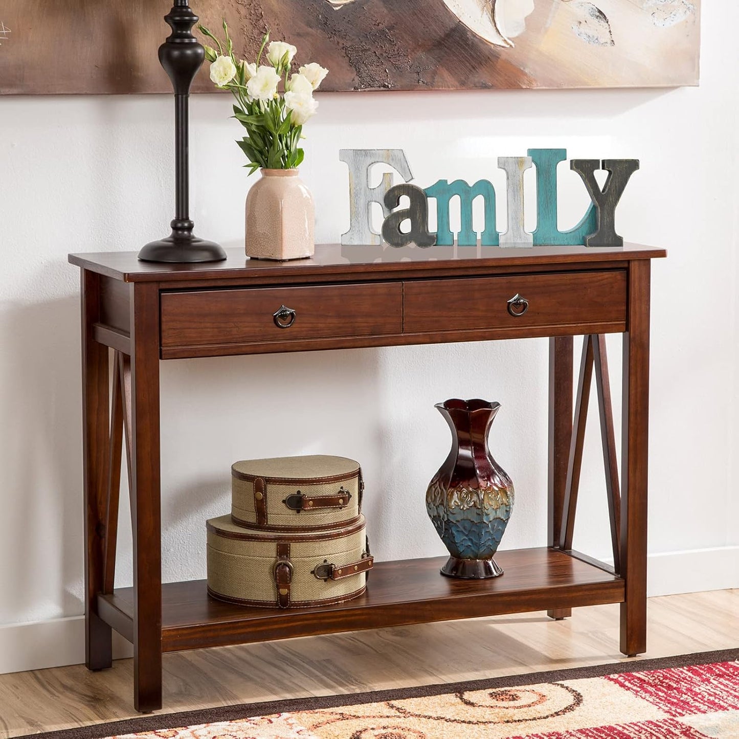 E-view Wooden Letters Sign Decorative Wood Block Signs Freestanding Word Cutout Distressed Teal Sign for Shelf Table Mantle Hanging Ornament Rustic Home Decor (Family)