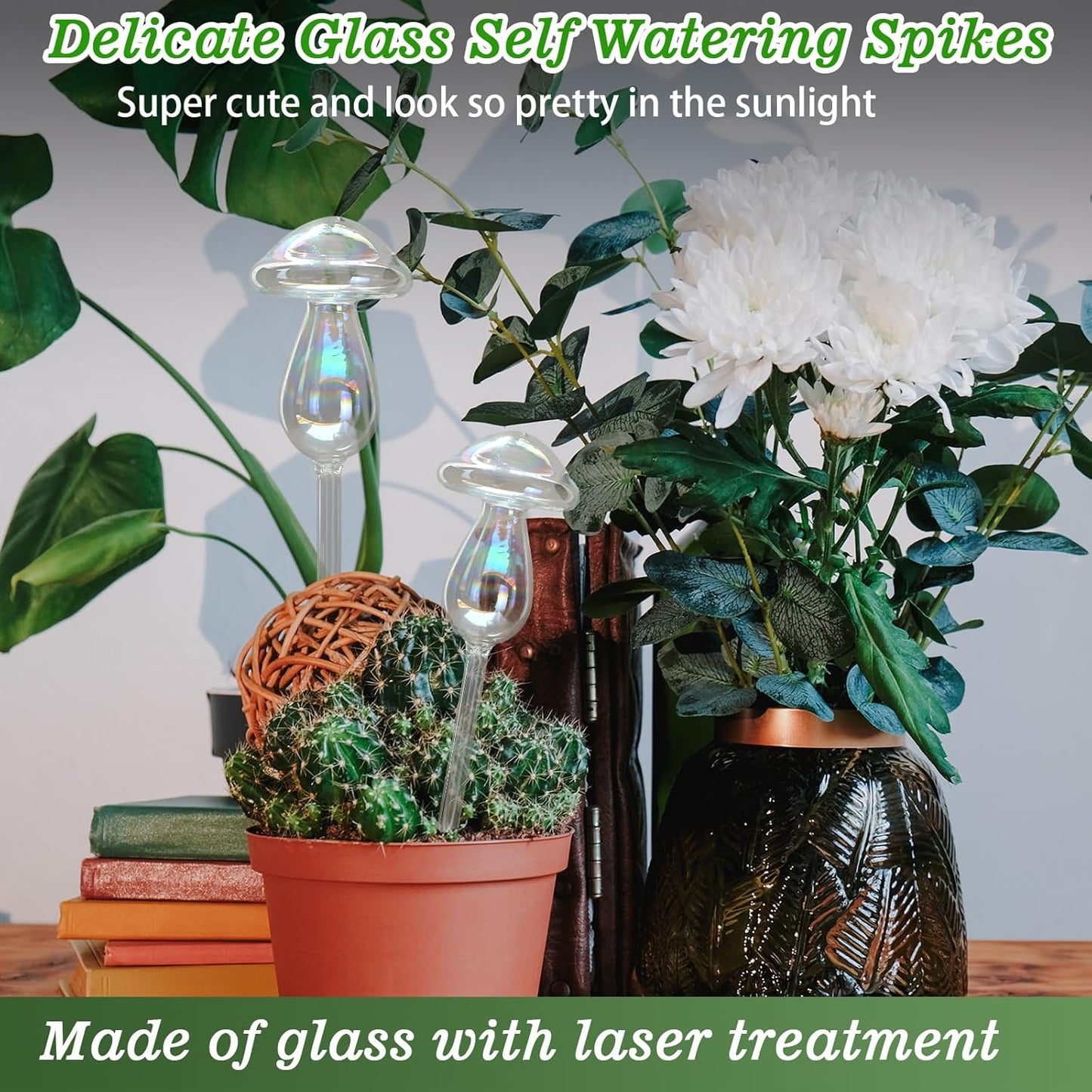 Plant Watering Globes, 4PCS Iridescent Rainbow Gradient Color Clear Glass Mushroom Self Watering Spikes Planter Insert, Automatic Plant Waterer Bulbs Devices for All Plants 9" L × 3.5" D