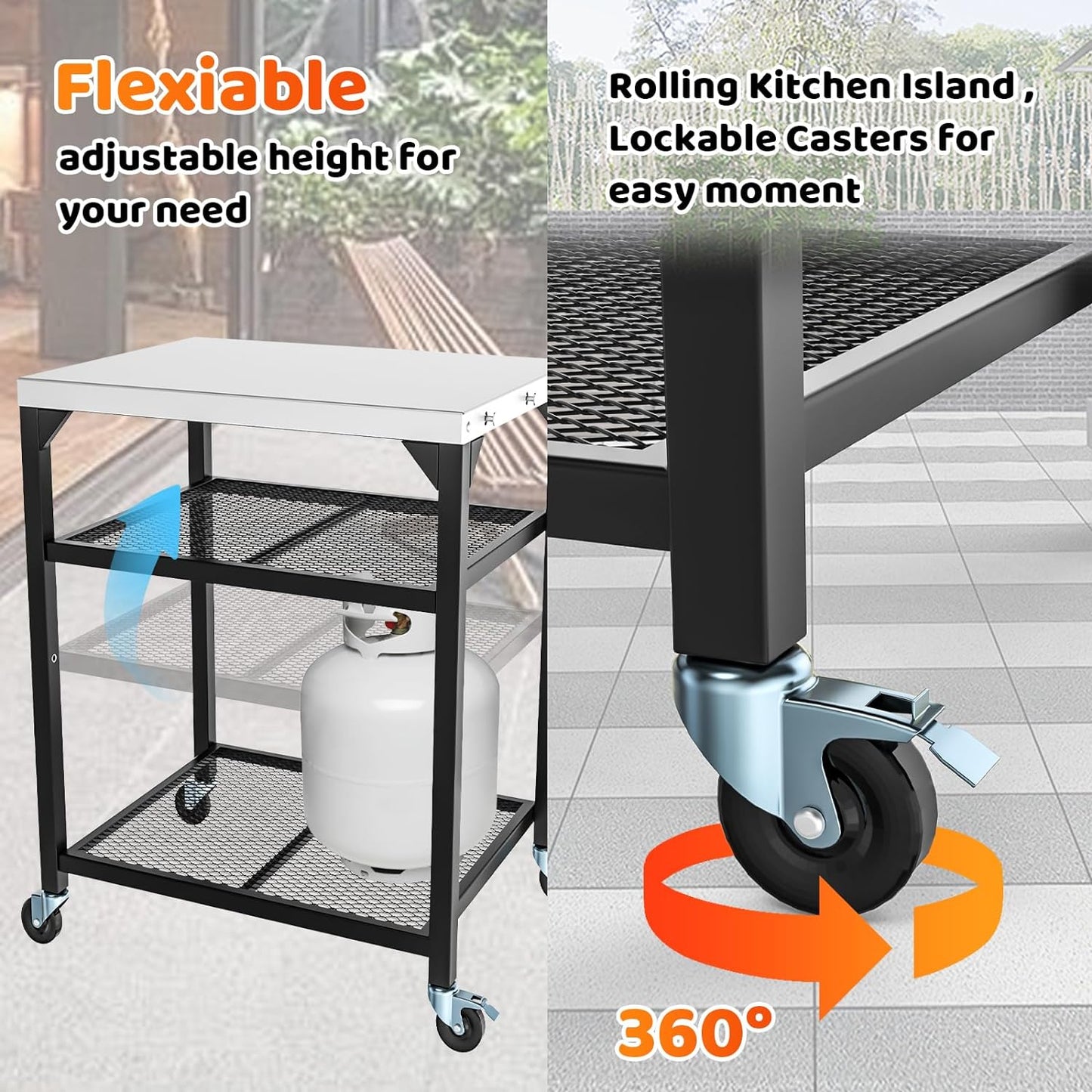 Pizza Oven Table for Ooni, Ninja, Woodfire, Blackstone, Bighorn, Cuisinart, Outdoor Grill Table for Ooni Pizza Oven Accessories, Movable Pizza Oven Stand as Food Prep Cart