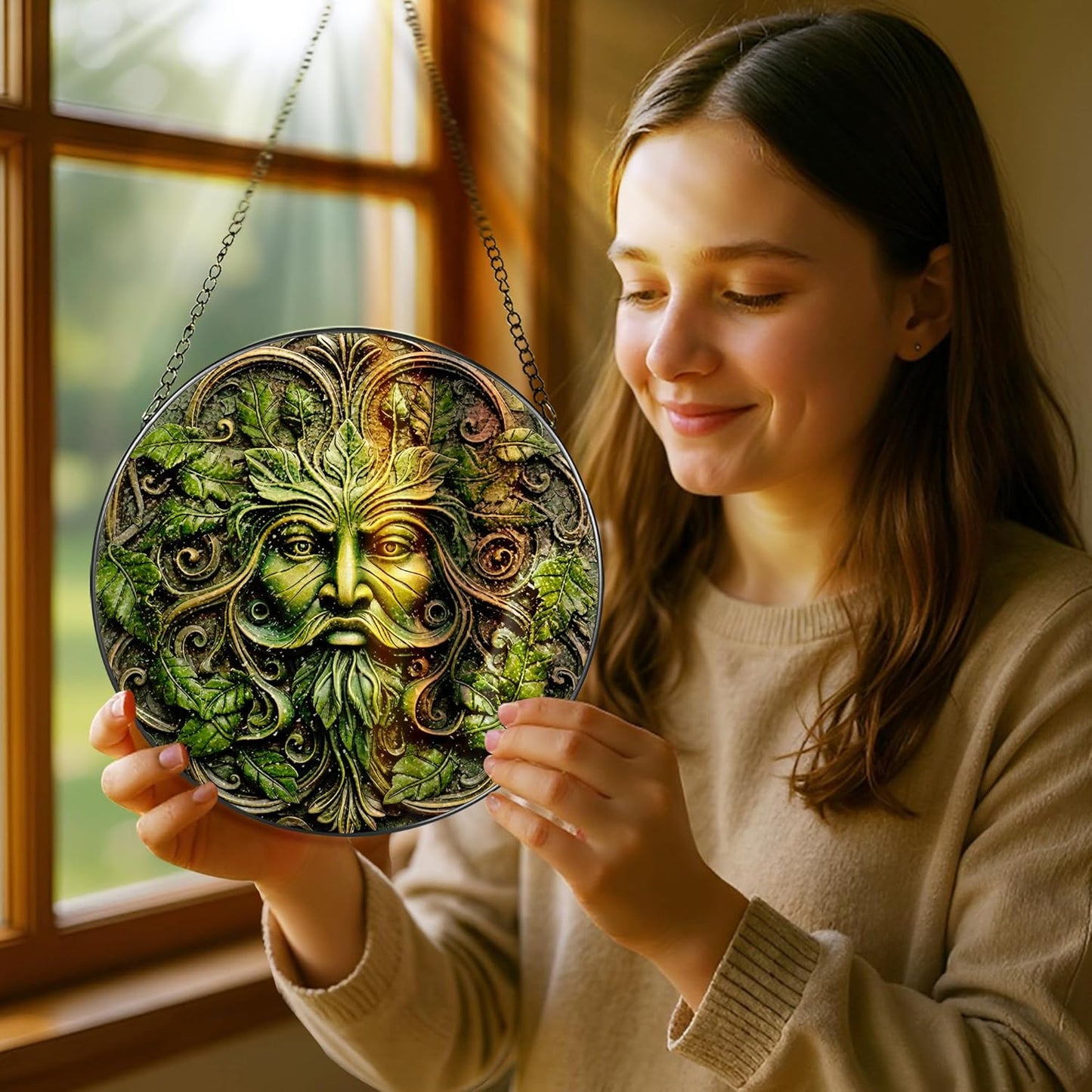 Green Man Stained Glass Suncatcher, Stained Glass Window Hanging, 8 Inch Window Decor Hanging, Gift for Garden Lovers, Fathers Day Birthday Gifts for Dad Grandpa Man Bother Husband Lover
