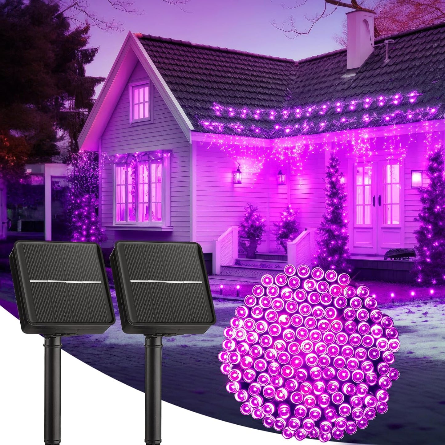 Brightown 2-Pack 400LED 170FT Total Halloween Solar Outdoor Lights IP65 Waterproof Solar Powered Lights with 8 Lighting Modes for Party Garden Yard Home Holiday Tree Decoration Lighting,Purple