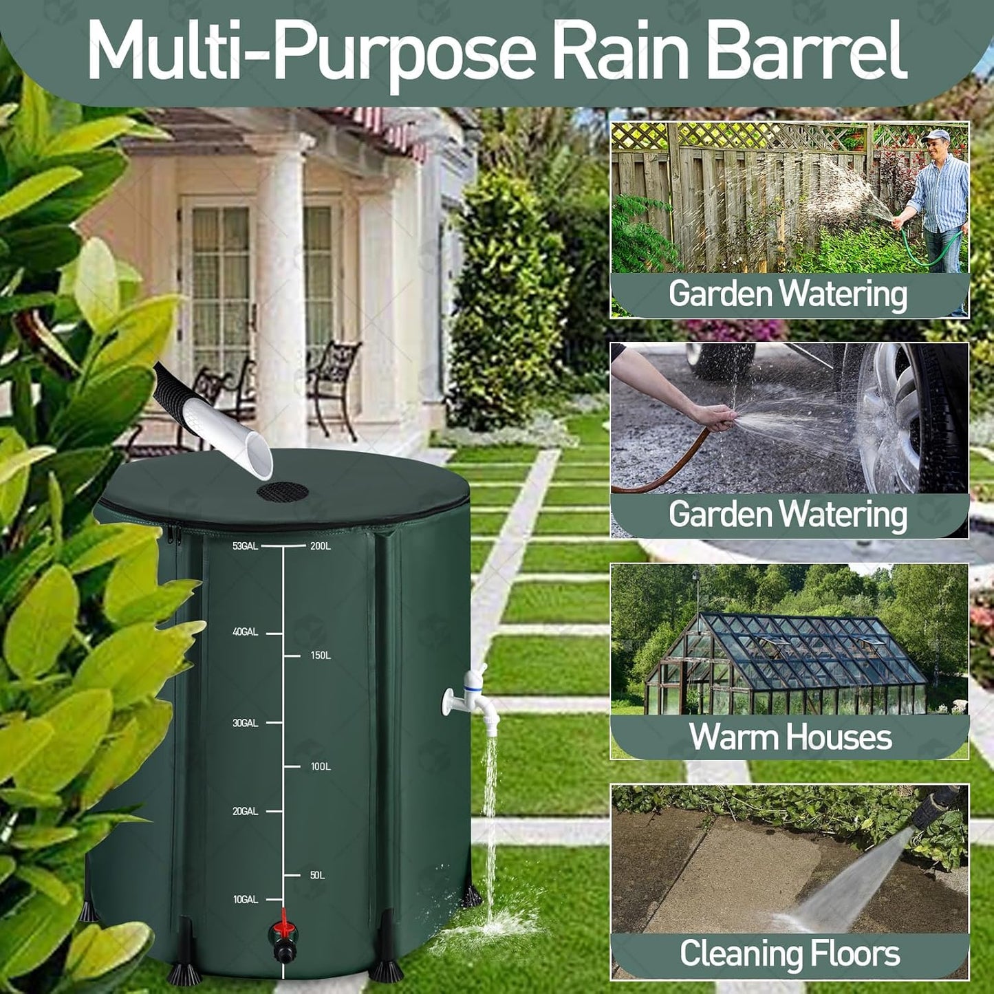 2Pcs 53 Gallon Collapsible Rain Barrel Kit with 12 Half Poles, 200L Protable Rain Water Collection Barrel with Zipper, 1000D Oxford Rain Catcher Barrel System Garden with 1 Spigot and 2 Overflow