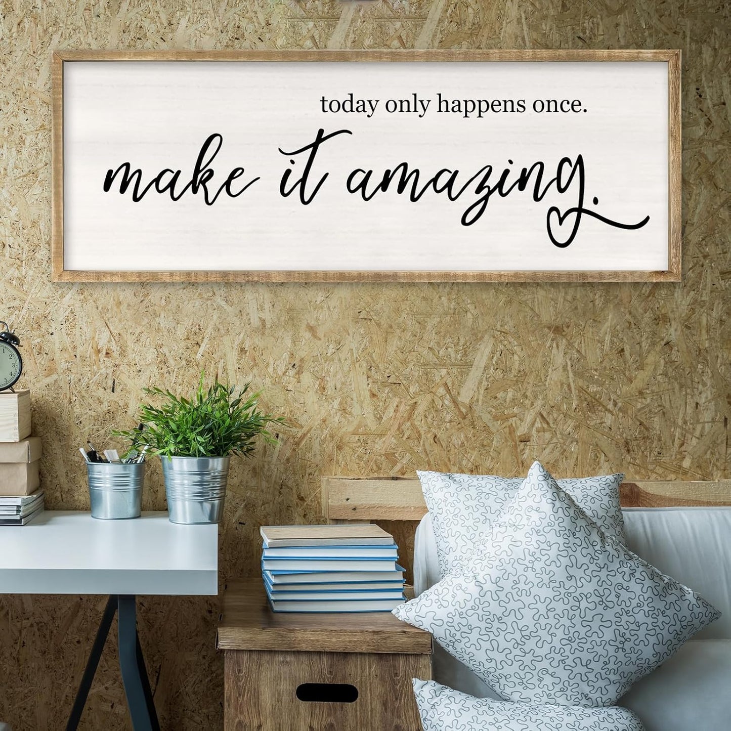 RLWangChao Today Only Happens Once Make It Amazing Wall Art Decor 40x15 Inch Large Inspirational Quote Sign Rustic Living Room Vintage Wood Frame Office Motivational Home Wall Hanging (Wood)