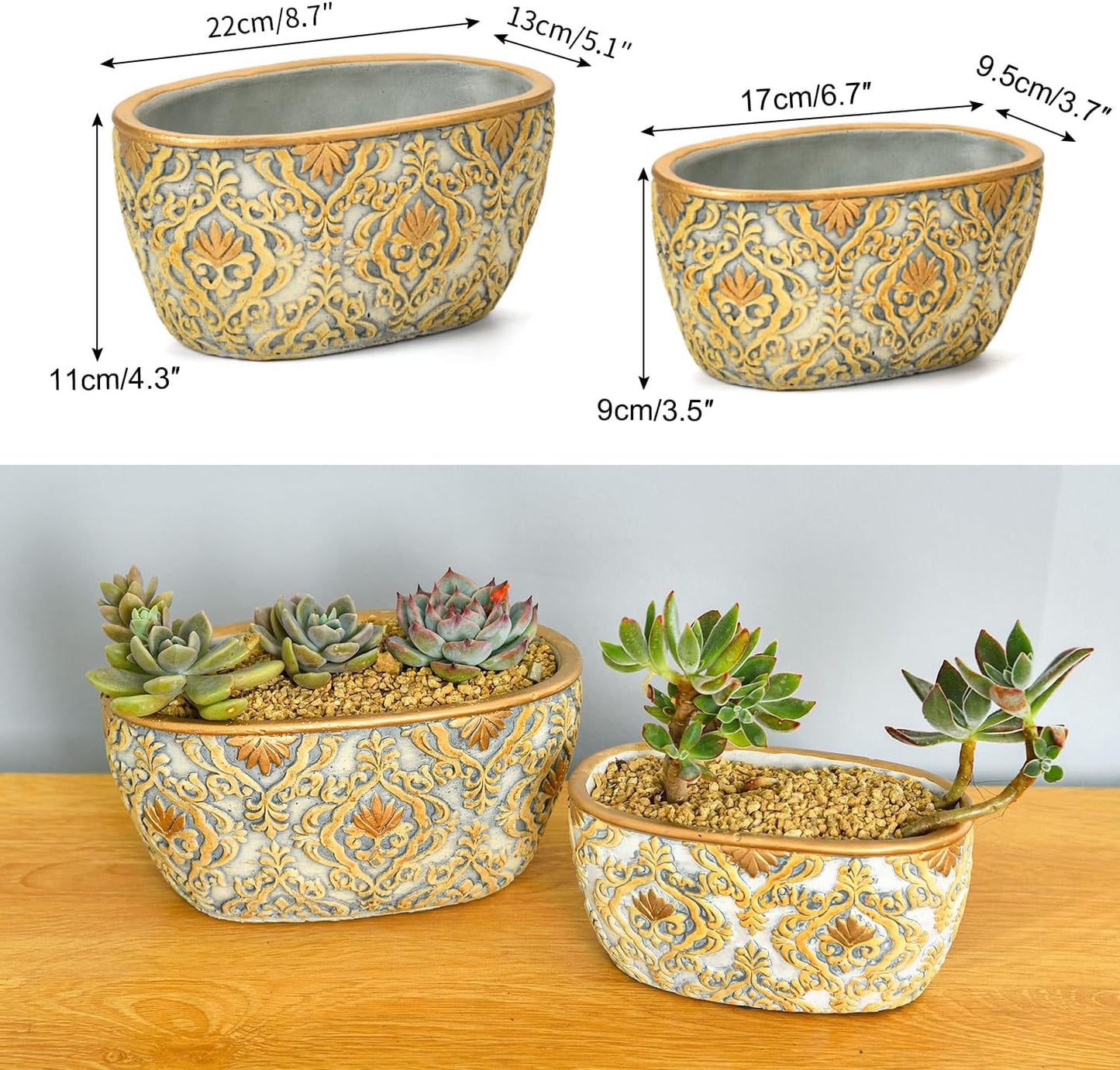 Sungmor Cement Planter Set of 2, 6.7 Inch & 8.6 Inch, Succulent Pots with Drainage Hole, Embossed Design, Indoor Outdoor Use, Cactus Plant Container