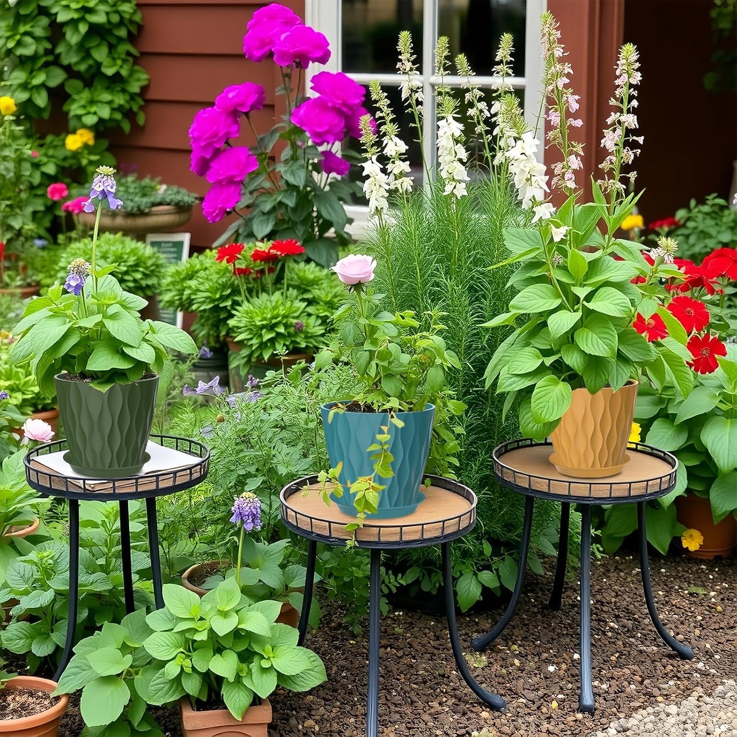 10 Pack 5 Inch Plant Pots with Drainage and Saucers, Multicolour Plastic Flower Pots for Indoor and Outdoor Plants, Stackable Nursery Planters for Houseplants and Herbs, Multicolour