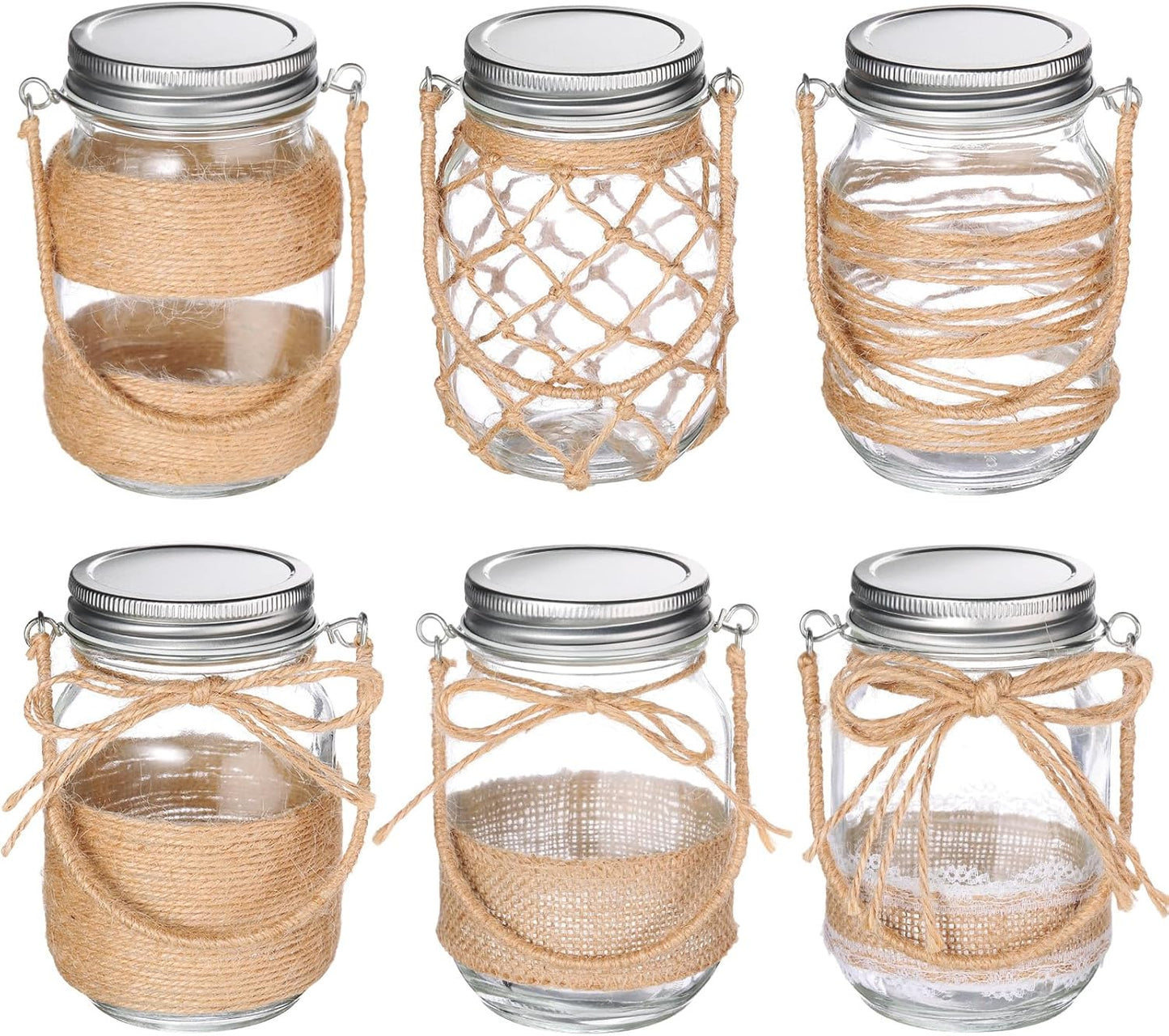 6 Pcs 5 Inch Small Hanging Mason Jars with Handles and Lids Decorative Glass Bottles Rope Net Glass Vase for Home Table Centerpiece Farmhouse Wedding Party decoration