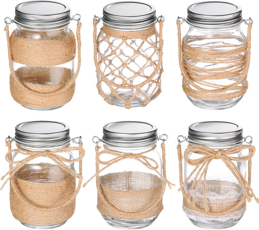 6 Pcs 5 Inch Small Hanging Mason Jars with Handles and Lids Decorative Glass Bottles Rope Net Glass Vase for Home Table Centerpiece Farmhouse Wedding Party decoration