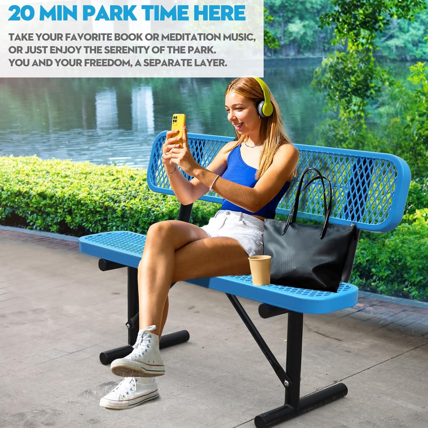 4Ft Outdoor Bench with Blue Portable Frame, Outdoor Steel Park Bench with Backrest, Expanded Metal Mesh Bench for Outside, Lawn, Backyard, Park, Deck, Garden, Patio, Porch, Blue