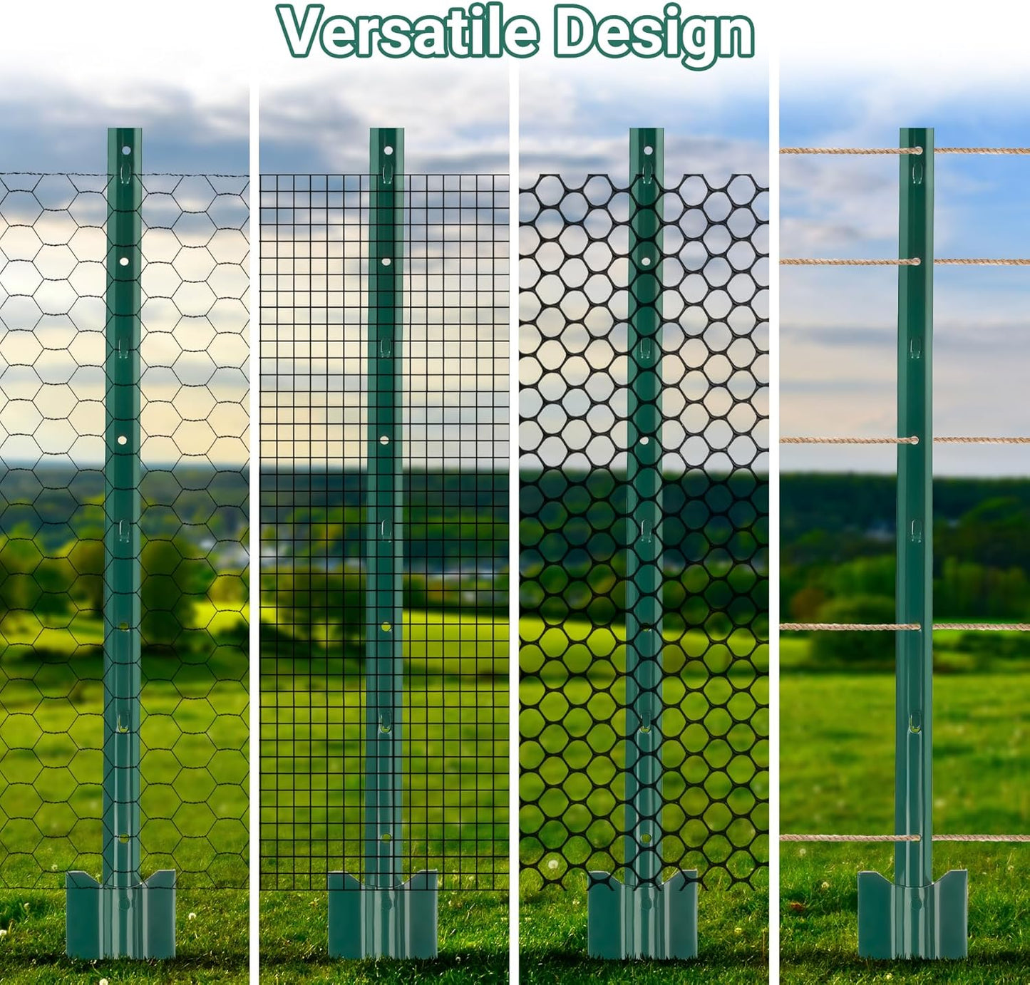 Fence Post 3 FT - 10 Packs, Metal Heavy Duty U Posts, Powder-Coated for Long-Lasting Use, Perfect for Holding Wire &Plastic Mesh, Corner Anchors, Green