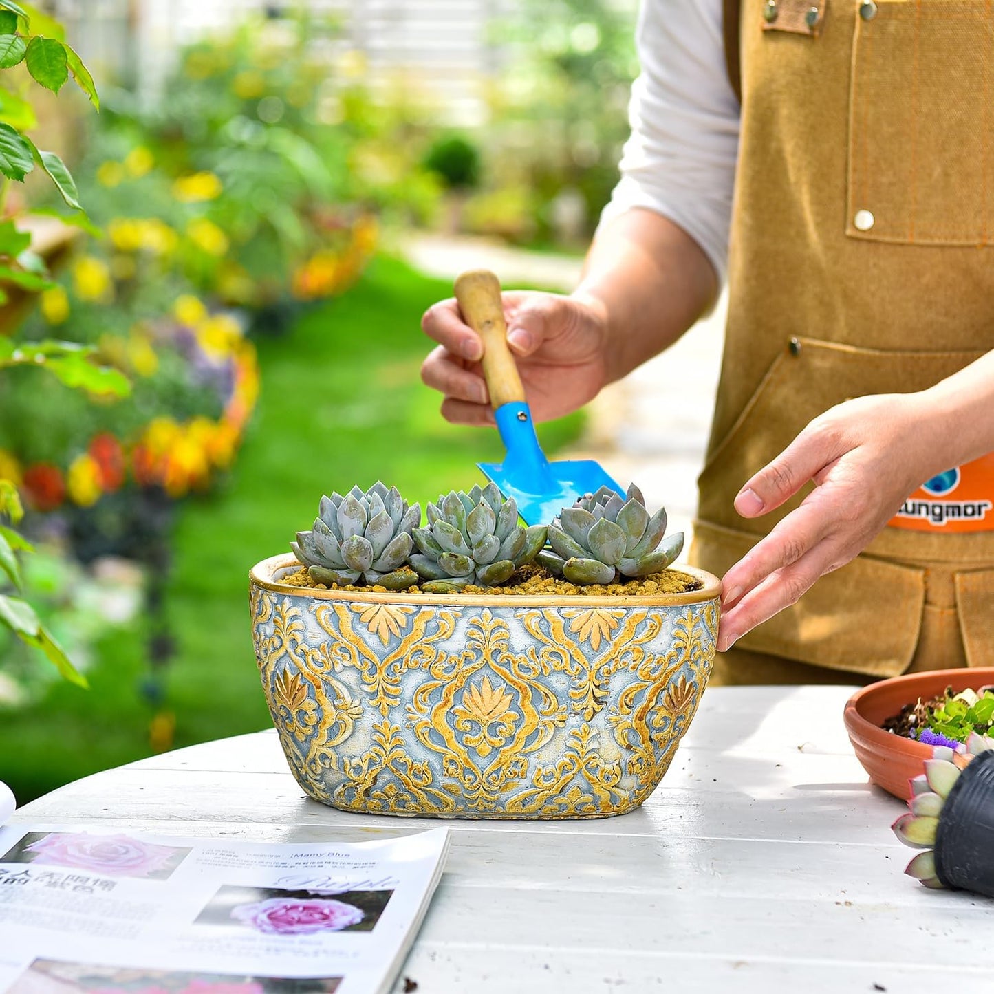 Sungmor Cement Planter Set of 2, 6.7 Inch & 8.6 Inch, Succulent Pots with Drainage Hole, Embossed Design, Indoor Outdoor Use, Cactus Plant Container