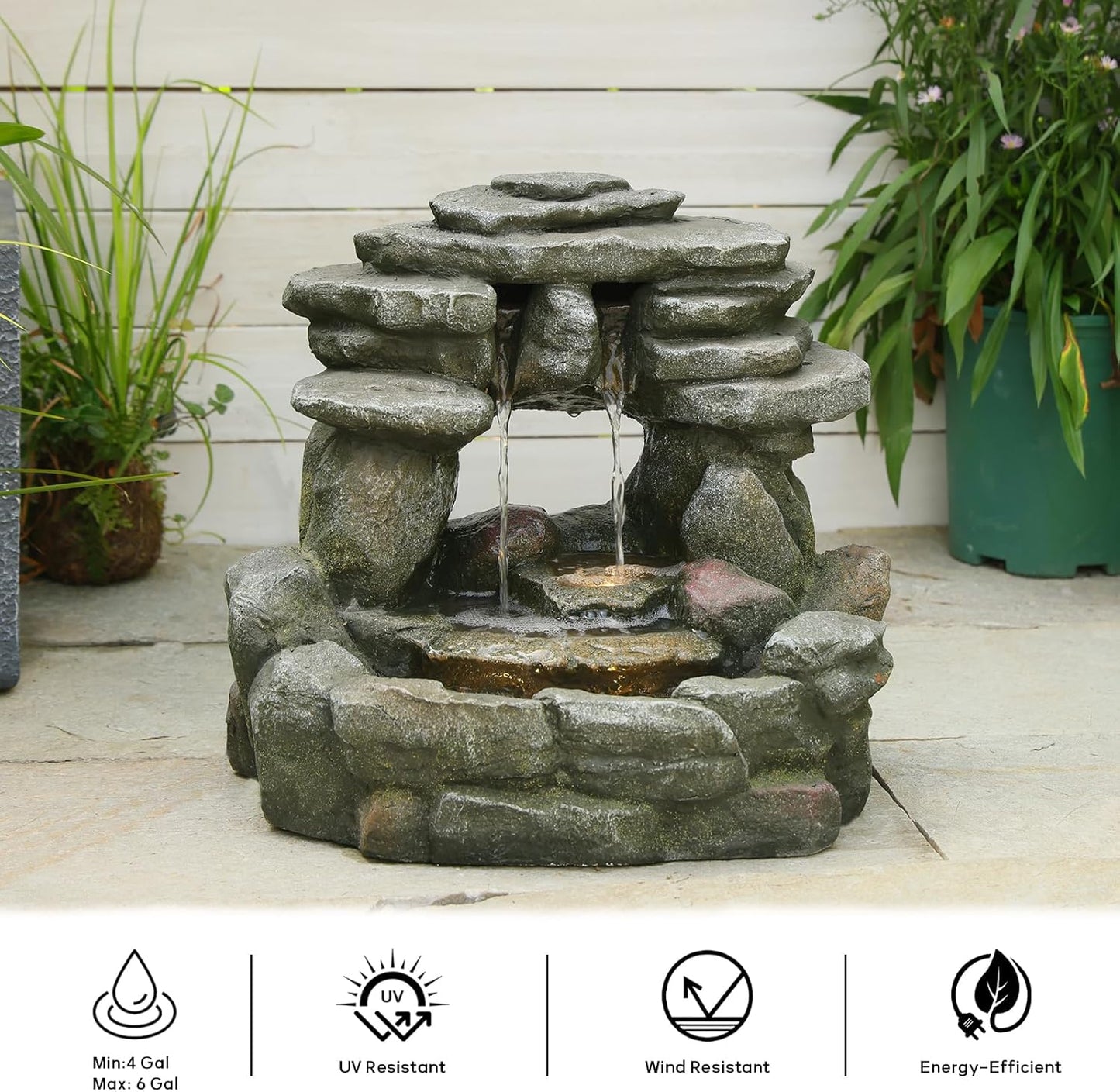 15.6''H Small Rock Water Fountain Outdoor&Indoor, 3-Tier Garden Waterfall with Warm Lights and 2 Flows for Patio, Backyard, Deck, Porch, Home DéCor, Stone Gray