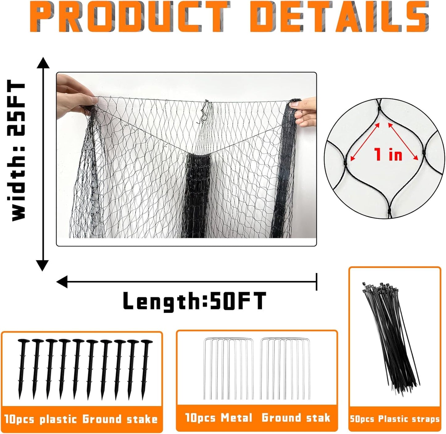 Bird Netting for Garden Heavy Duty Nylon Mesh Garden Netting for Garden Protection Bird Fence Plant Netting Protection Against Birds, Deer, Squirrels and Other Animals (25x50FT)